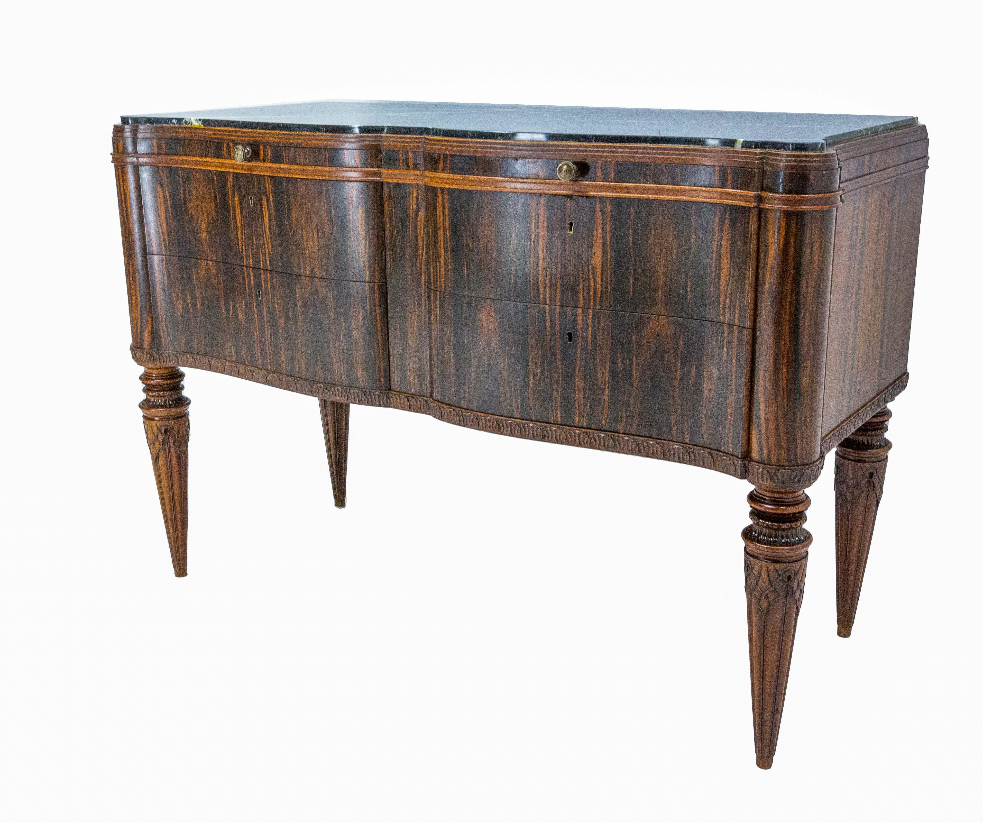 Louis XVI French Art Deco Meuble De Metier Chest of Drawers Marble Top and Pull Tab c 1920 For Sale