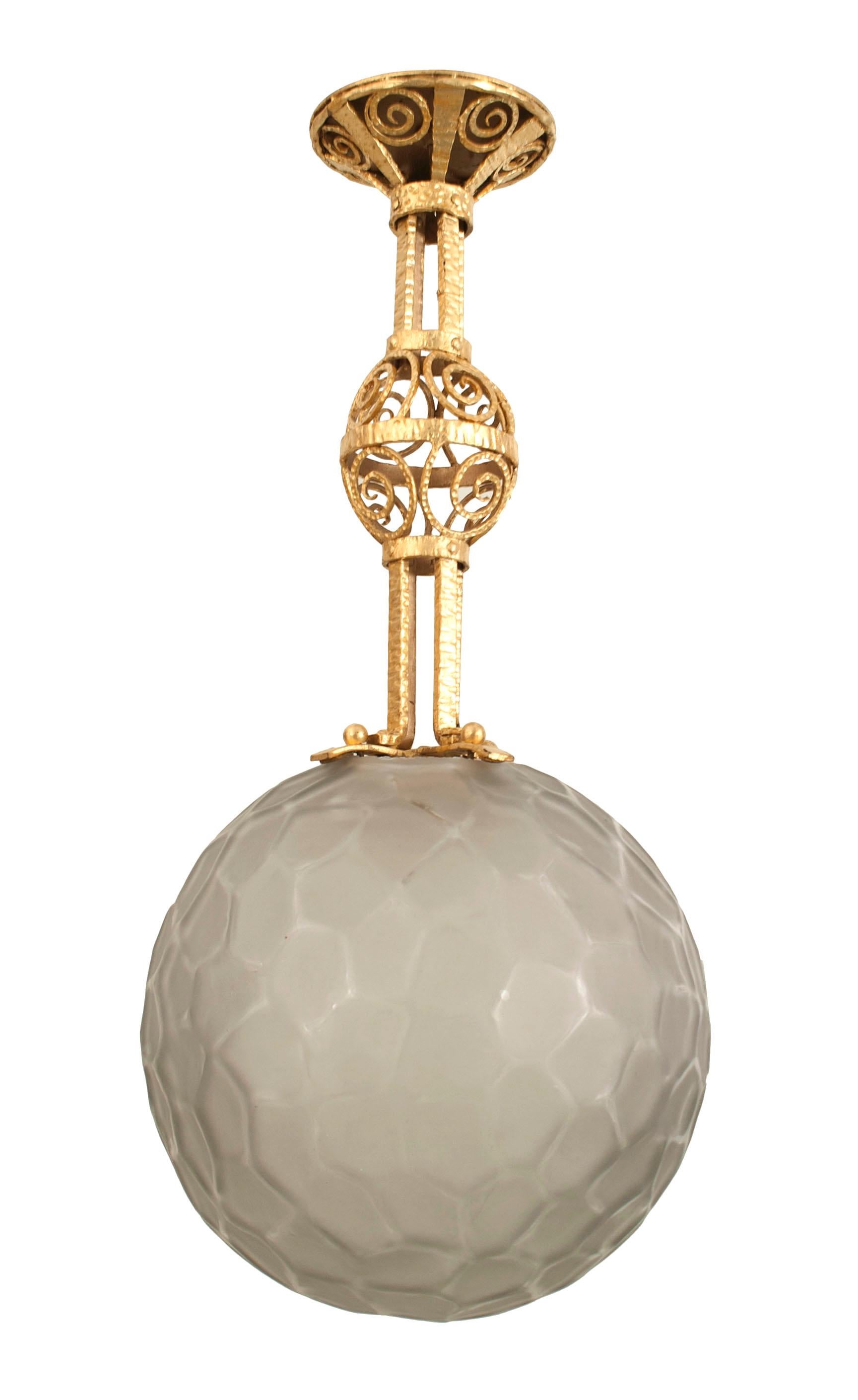 French Art Deco Michon Iron and Glass Pendant Lantern In Good Condition For Sale In New York, NY