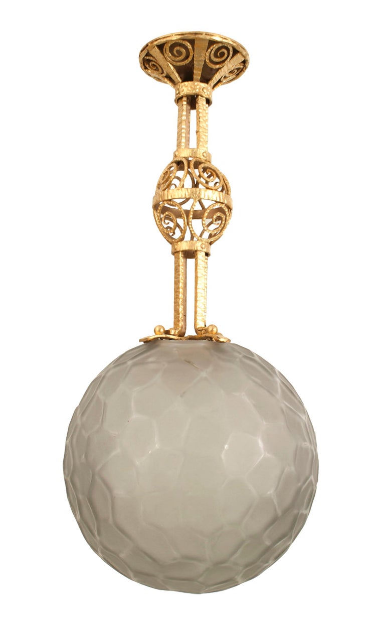 20th Century French Art Deco Michon Iron and Glass Pendant Lantern For Sale