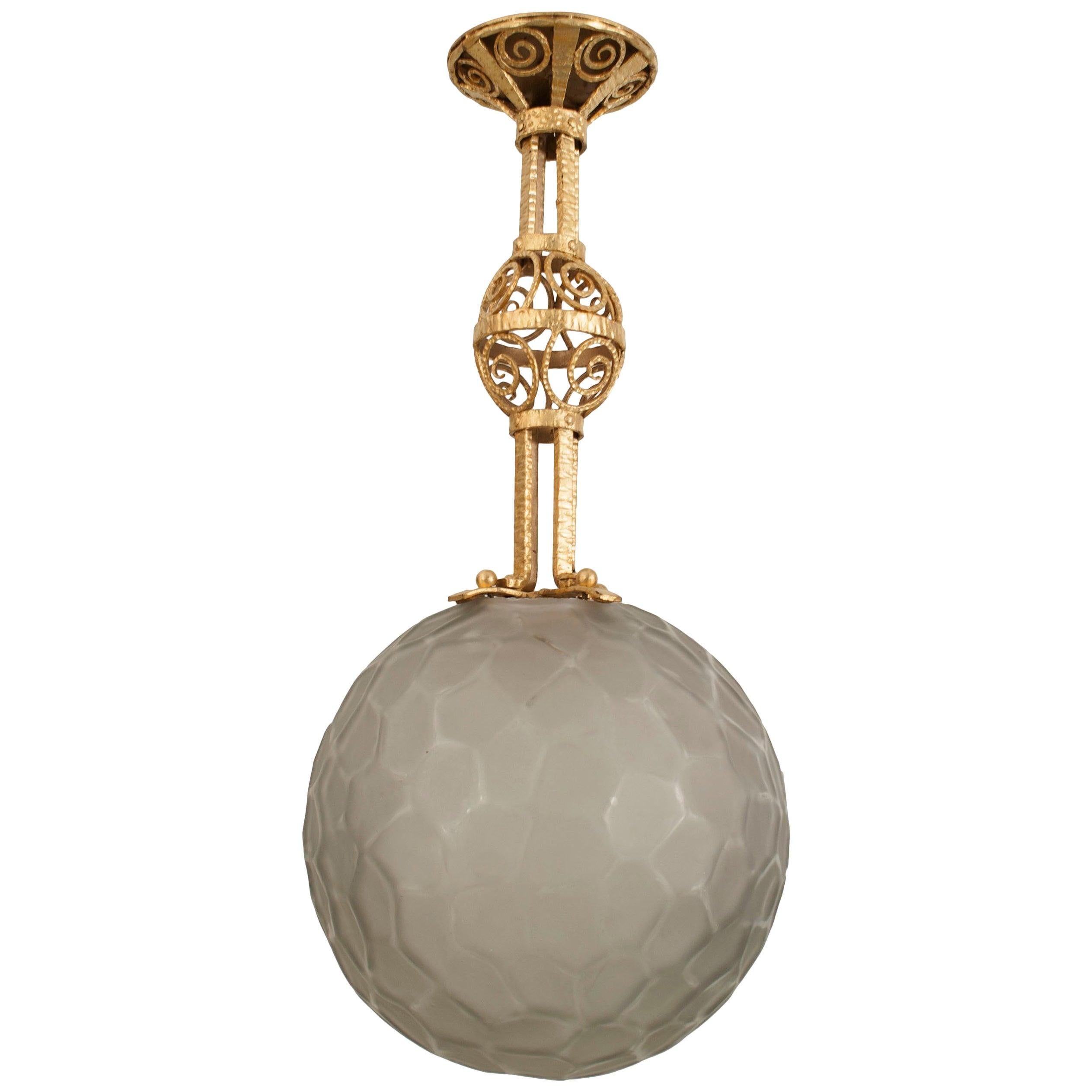 French Art Deco Michon Iron and Glass Pendant Lantern
