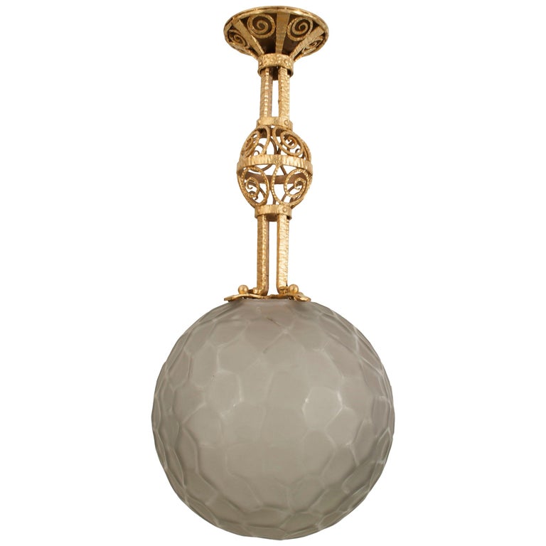 French Art Deco Michon Iron and Glass Pendant Lantern For Sale