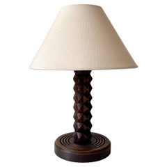 French art deco mid century oak wood table lamp, Charles Dudouyt, c.1930-1950