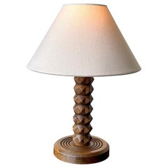 French art deco mid century turned wood table lamp, Charles Dudouyt, c.1930-150