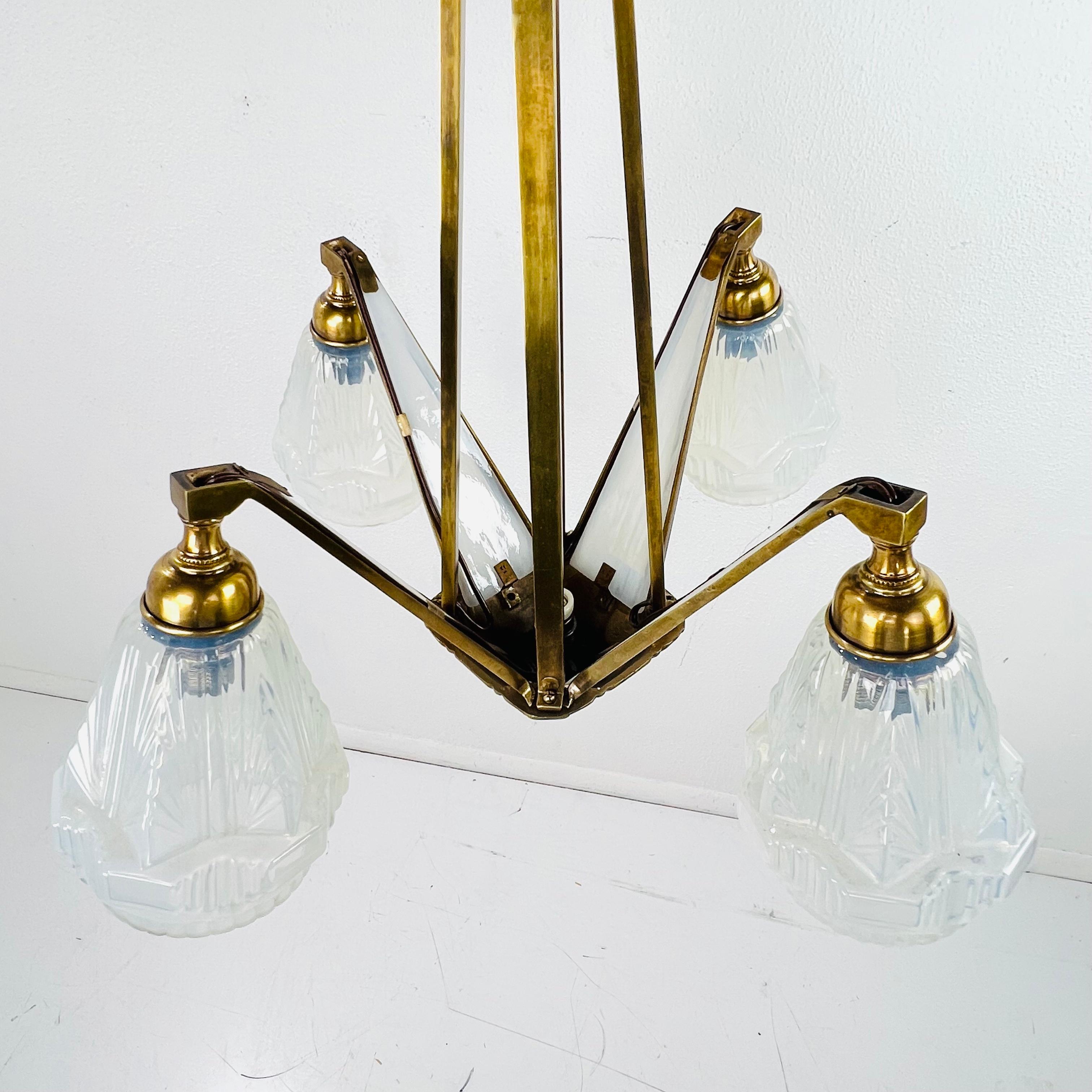 French Art Deco Milk Glass Chandelier For Sale 6