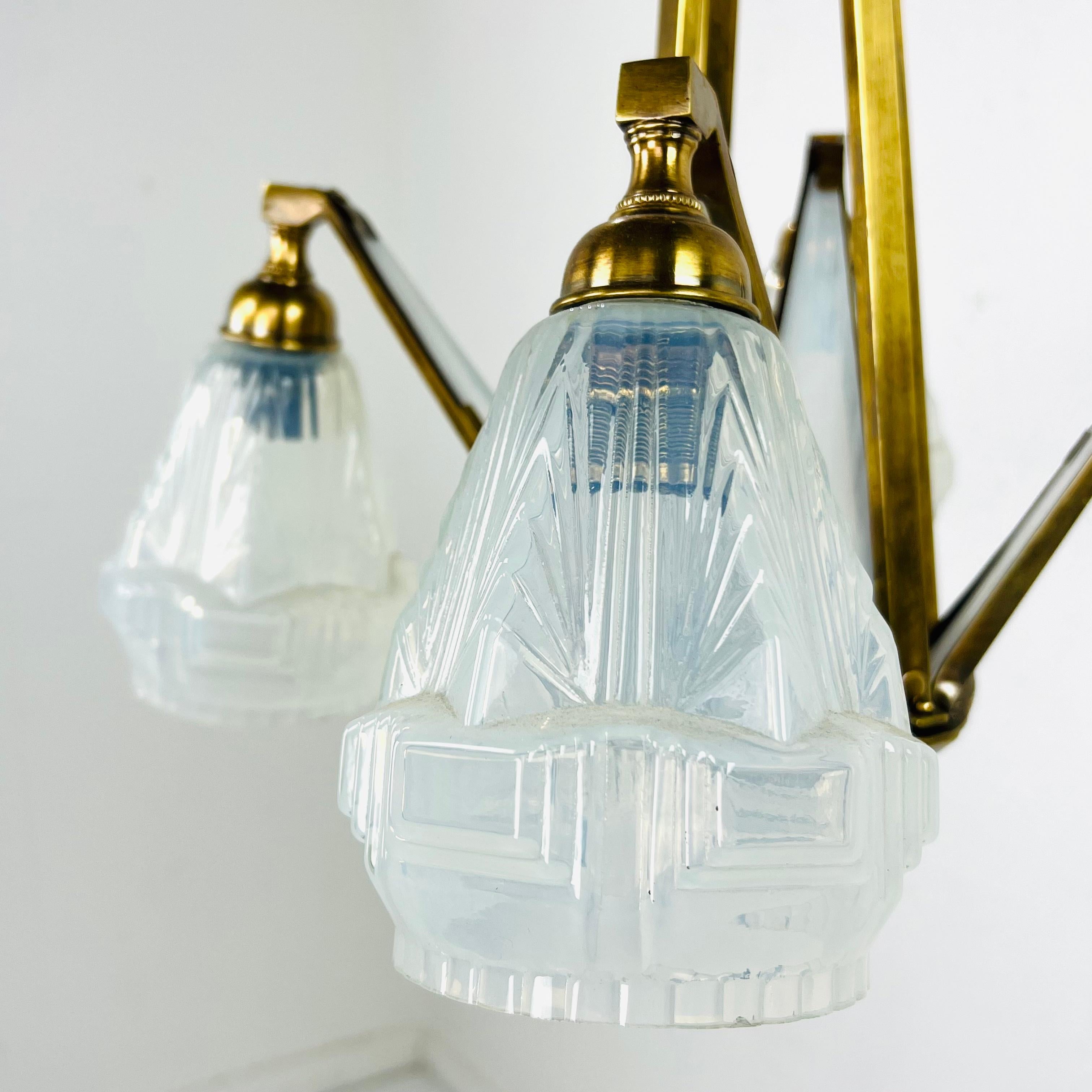 French Art Deco Milk Glass Chandelier For Sale 3