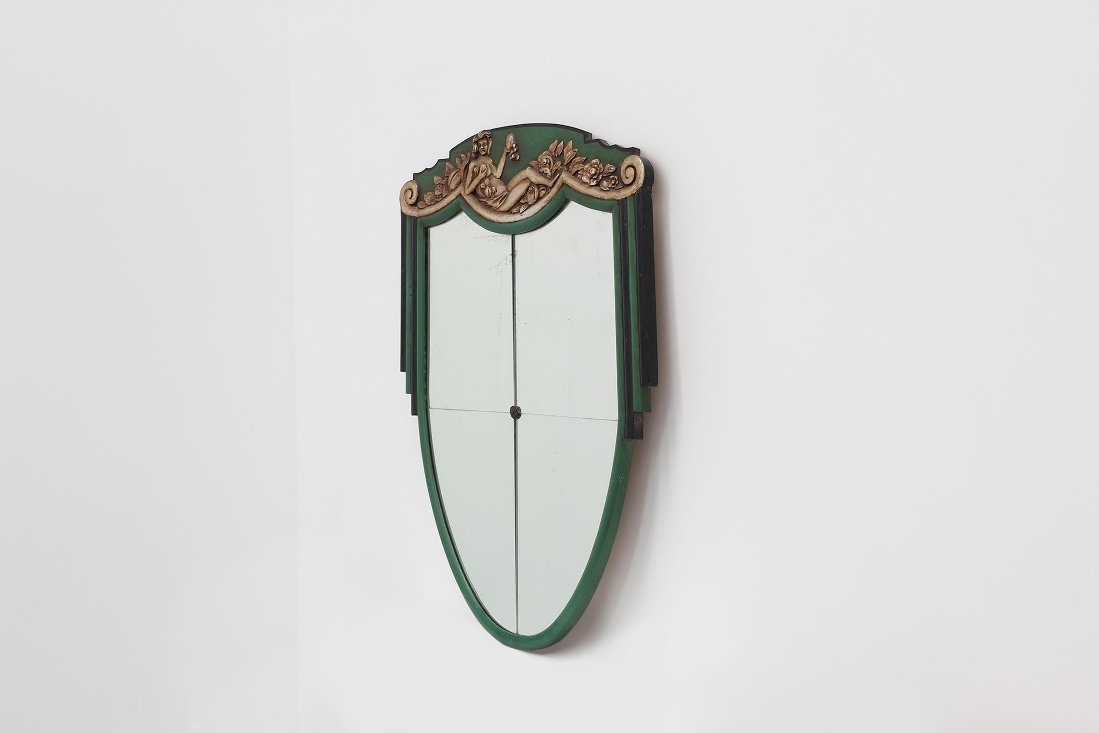 Metal French Art Deco mirror in green carved wood, 1930s For Sale