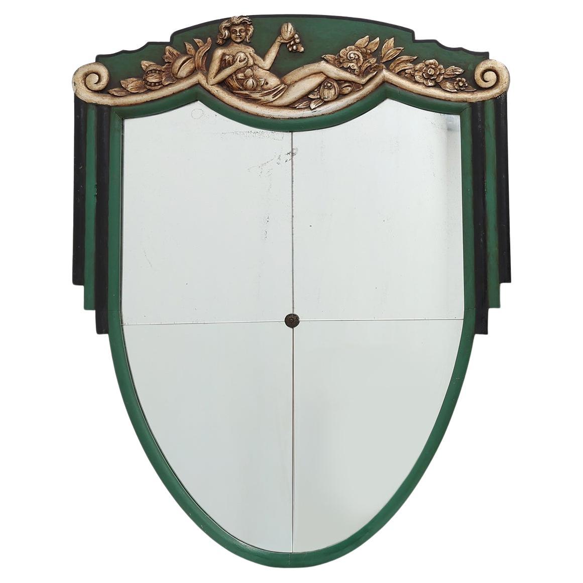 French Art Deco mirror in green carved wood, 1930s For Sale
