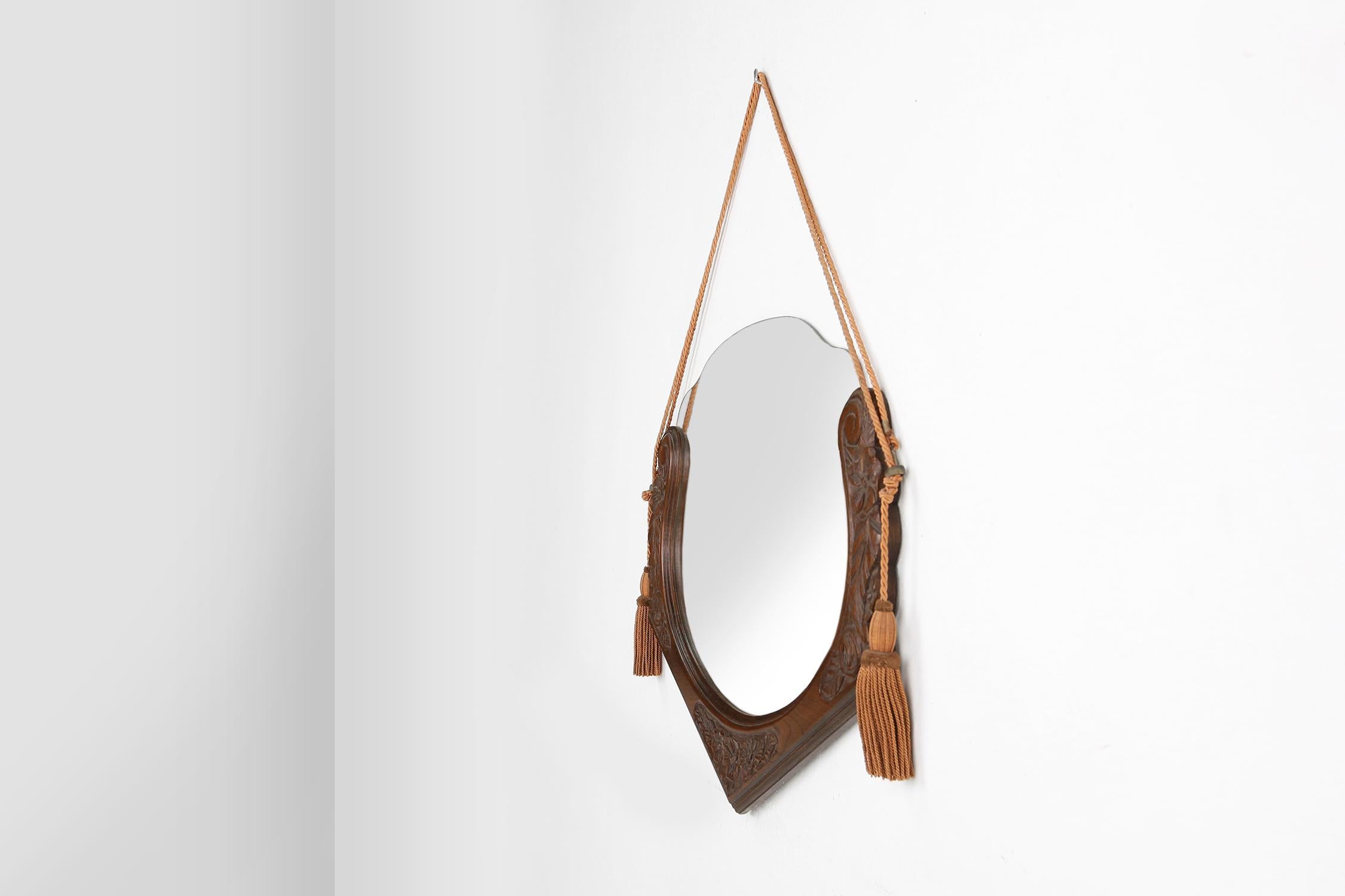 French Art Deco mirror in oak with floral carvings, 1940s 2