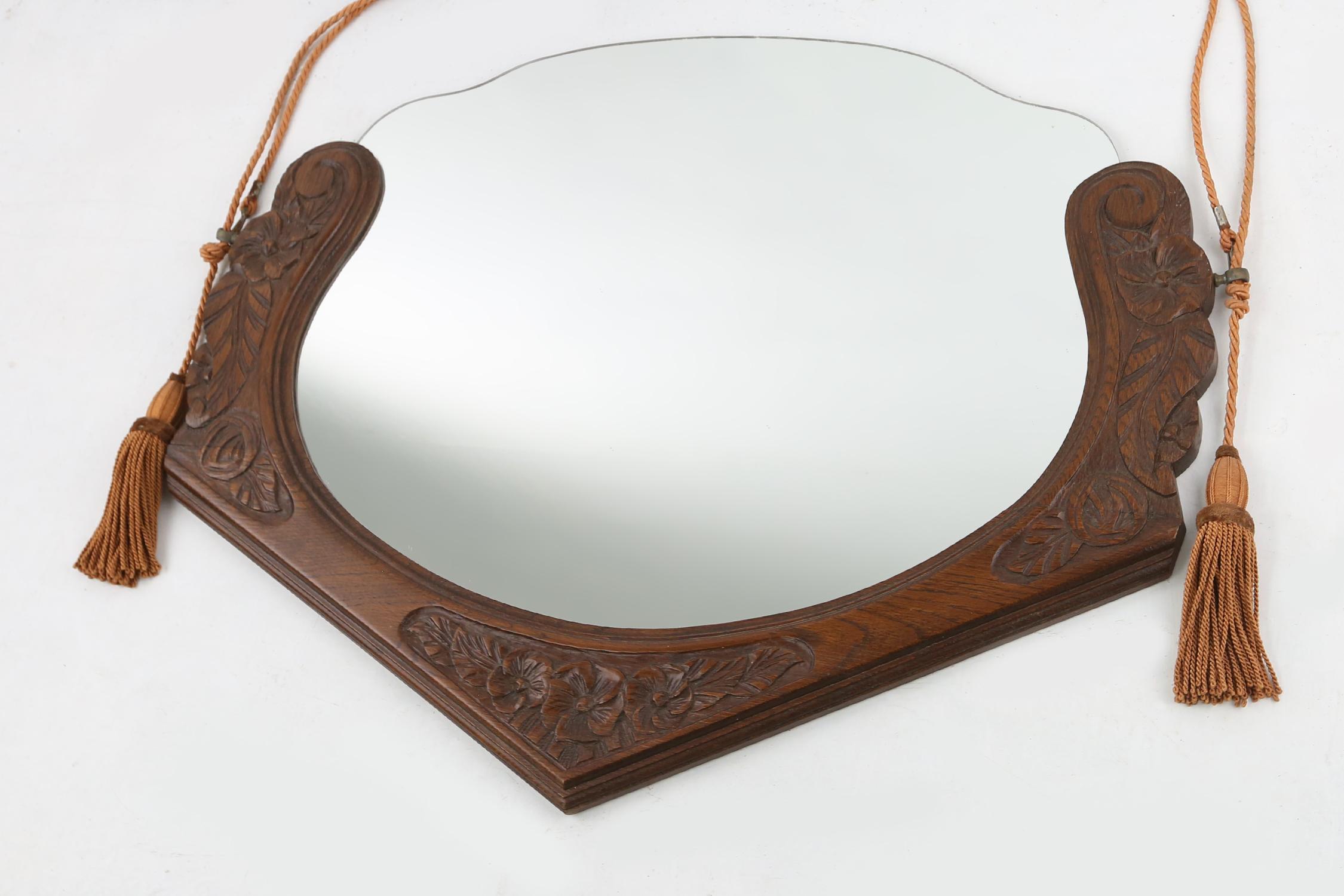 French Art Deco mirror in oak with floral carvings, 1940s 3