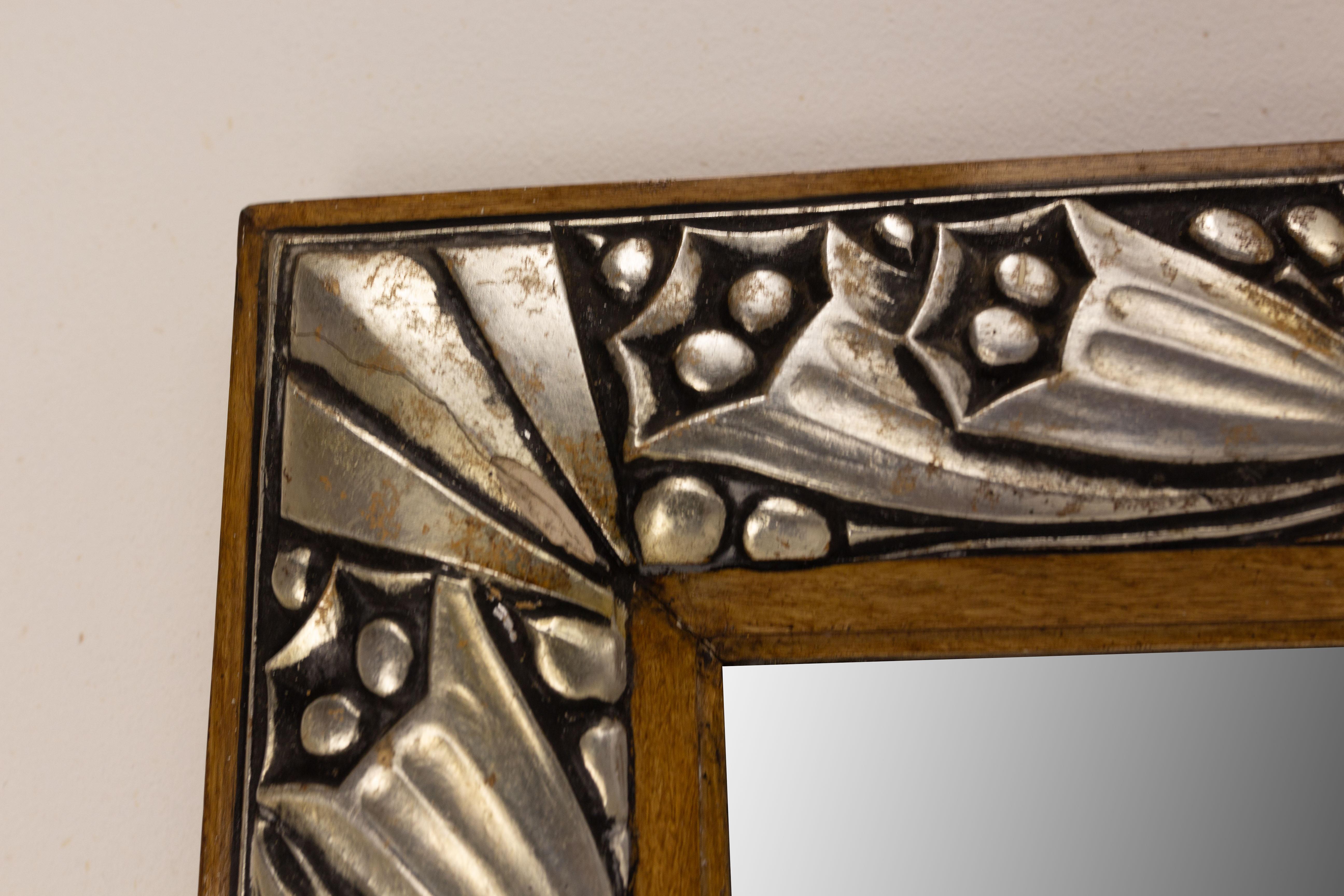 Mid-20th Century French Art Deco Mirror Metal and Pine Framework with Flowers, circa 1930 For Sale