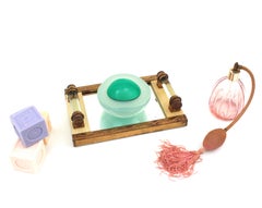 Bandeja Espejo Art Decó Francesa de Latón y Madera con Asas de Varilla de Cristal