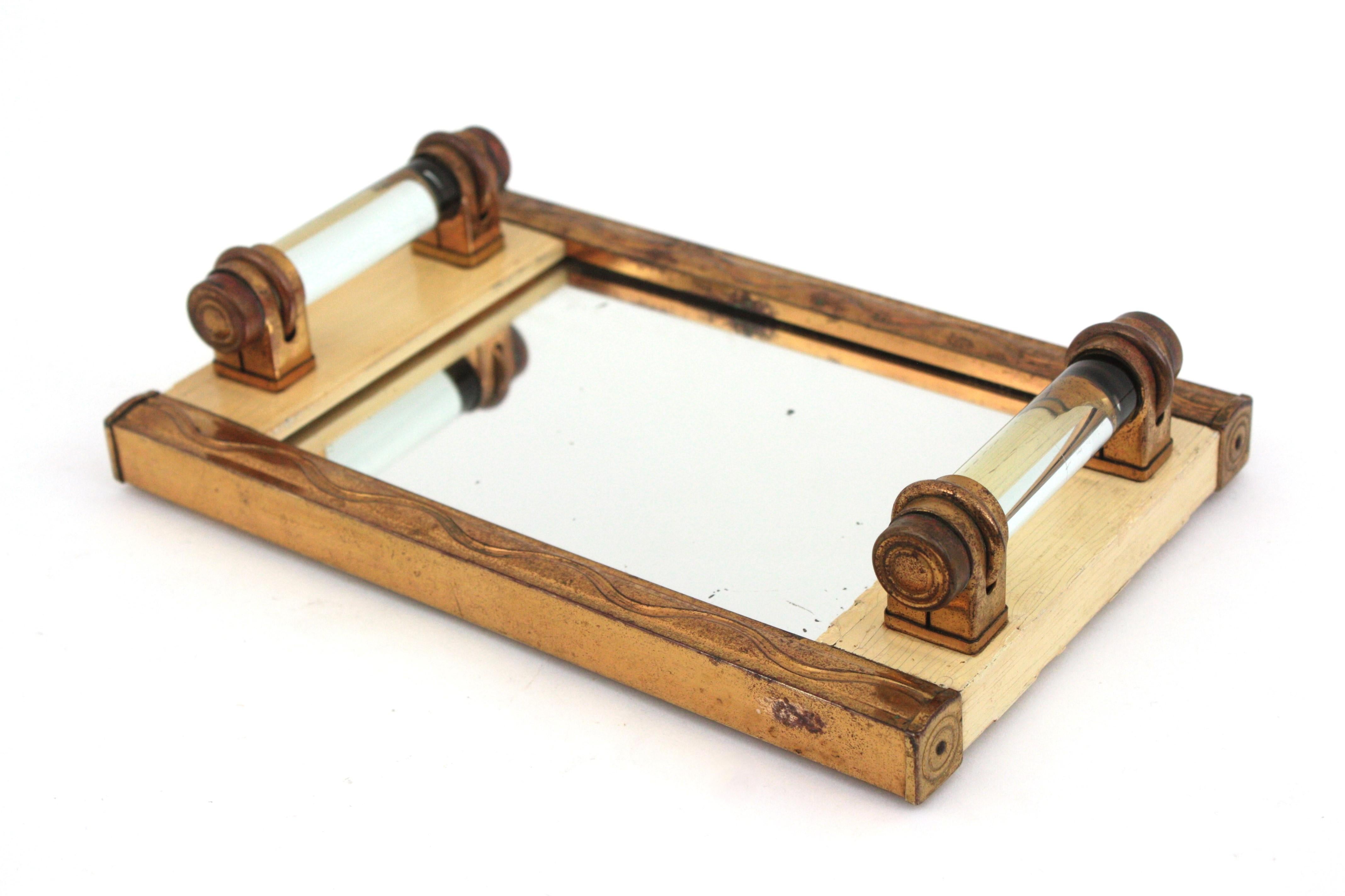 20th Century French Art Deco Mirror Tray in Brass and Wood with Glass Rod Handles  For Sale