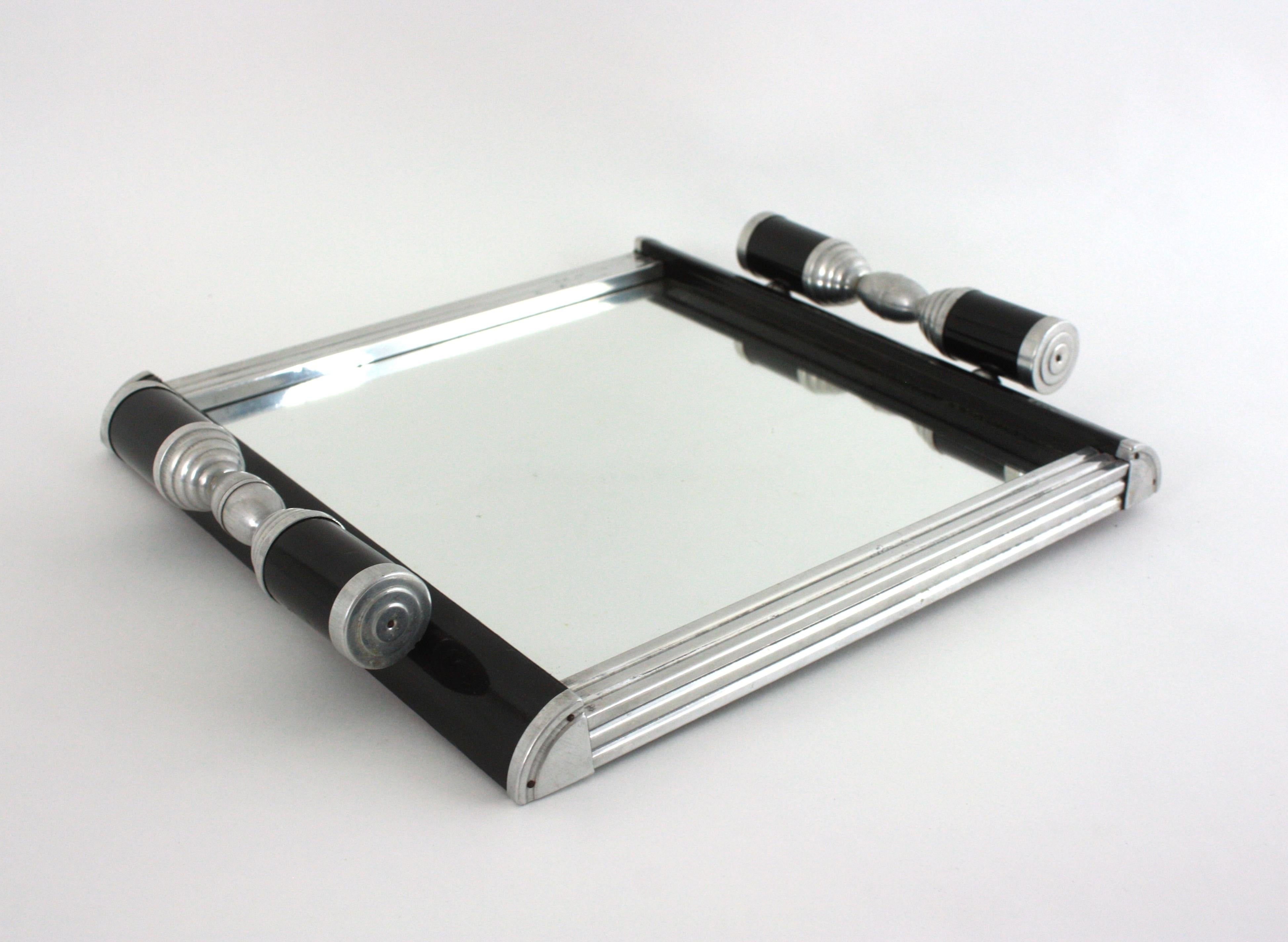 French Art Deco Mirror Tray with Glass Bowls Snacks Set, Black Lacquer & Metal For Sale 5