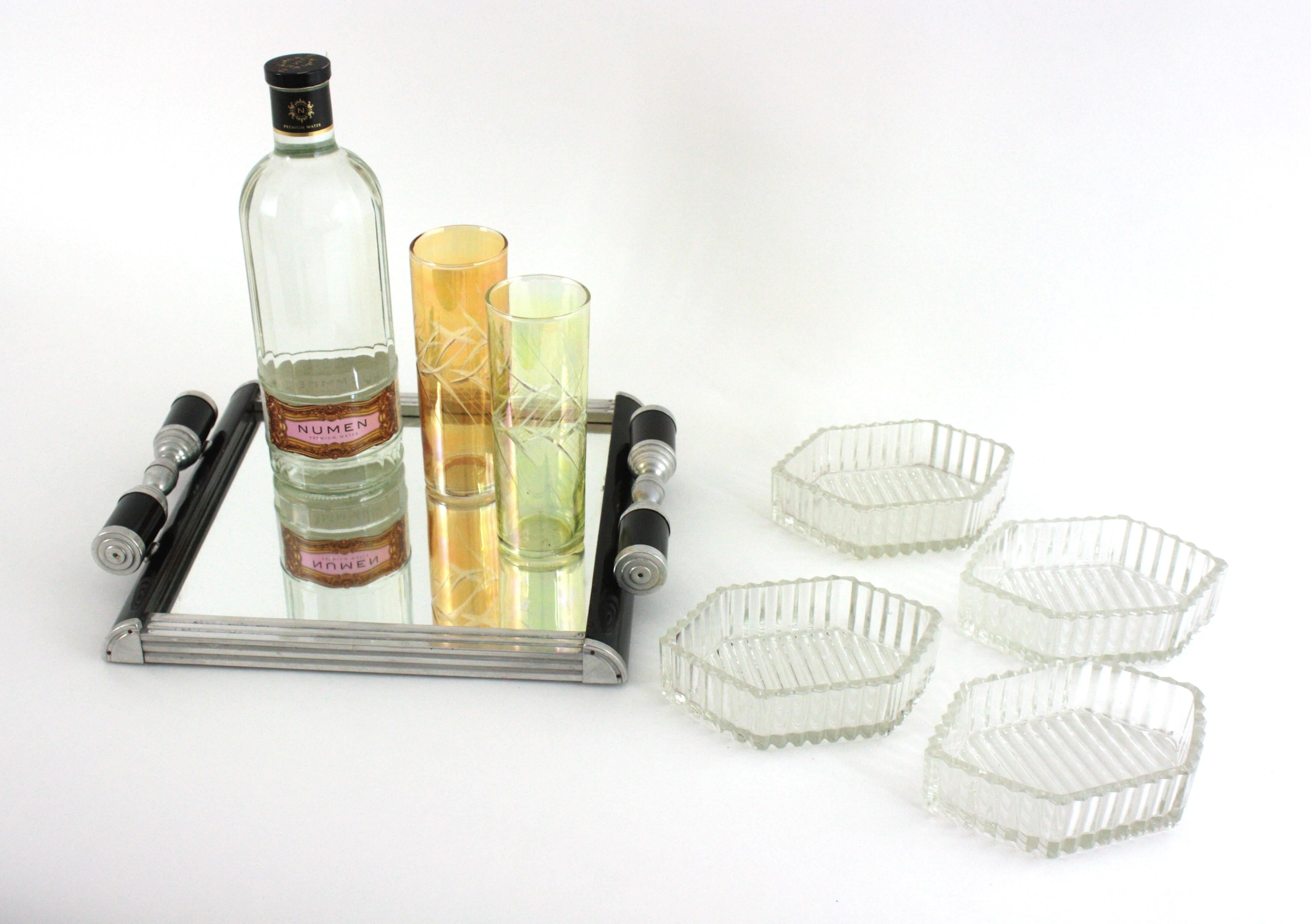 French Art Deco Mirror Tray with Glass Bowls Snacks Set, Black Lacquer & Metal For Sale 8
