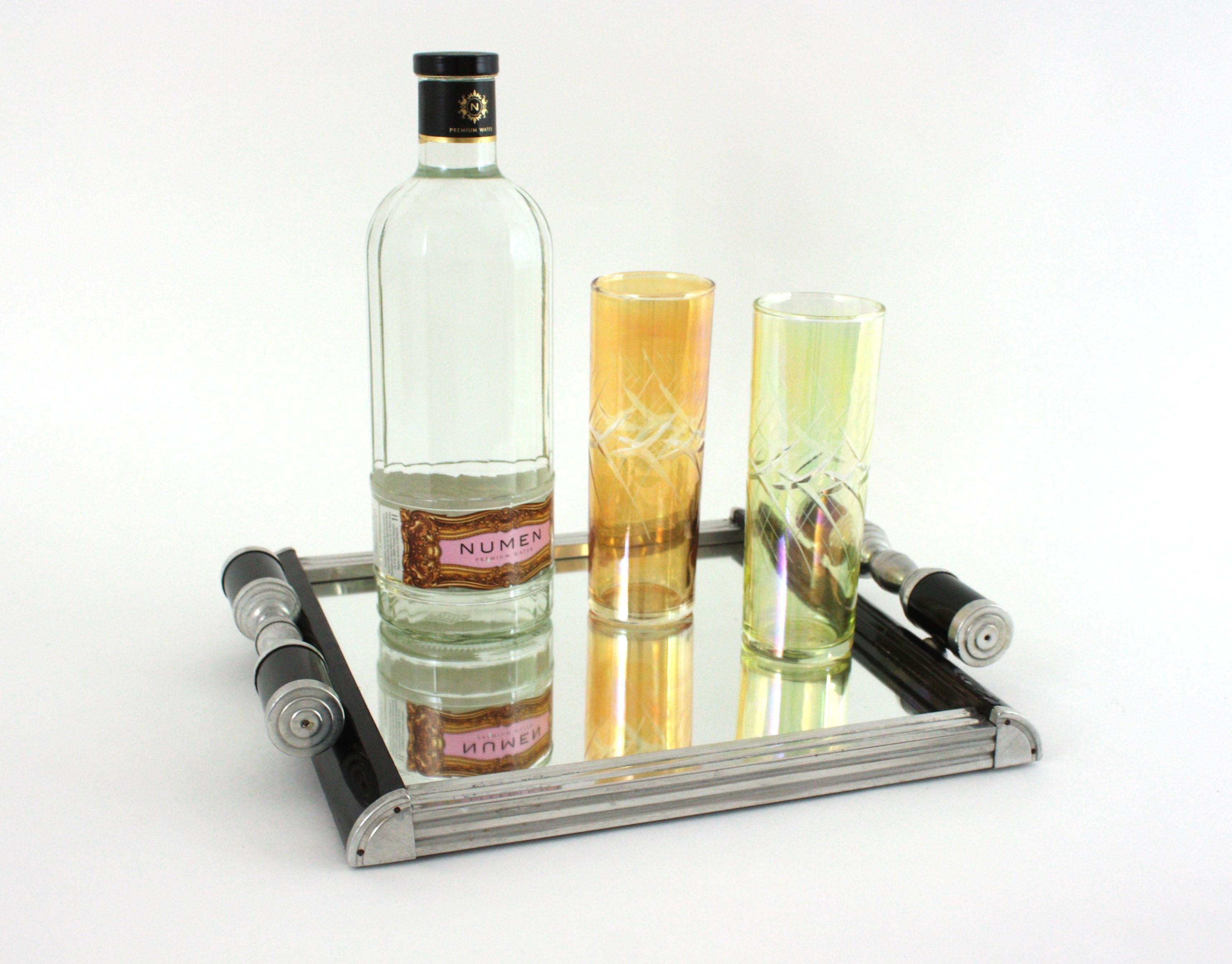 French Art Deco Mirror Tray with Glass Bowls Snacks Set, Black Lacquer & Metal For Sale 9