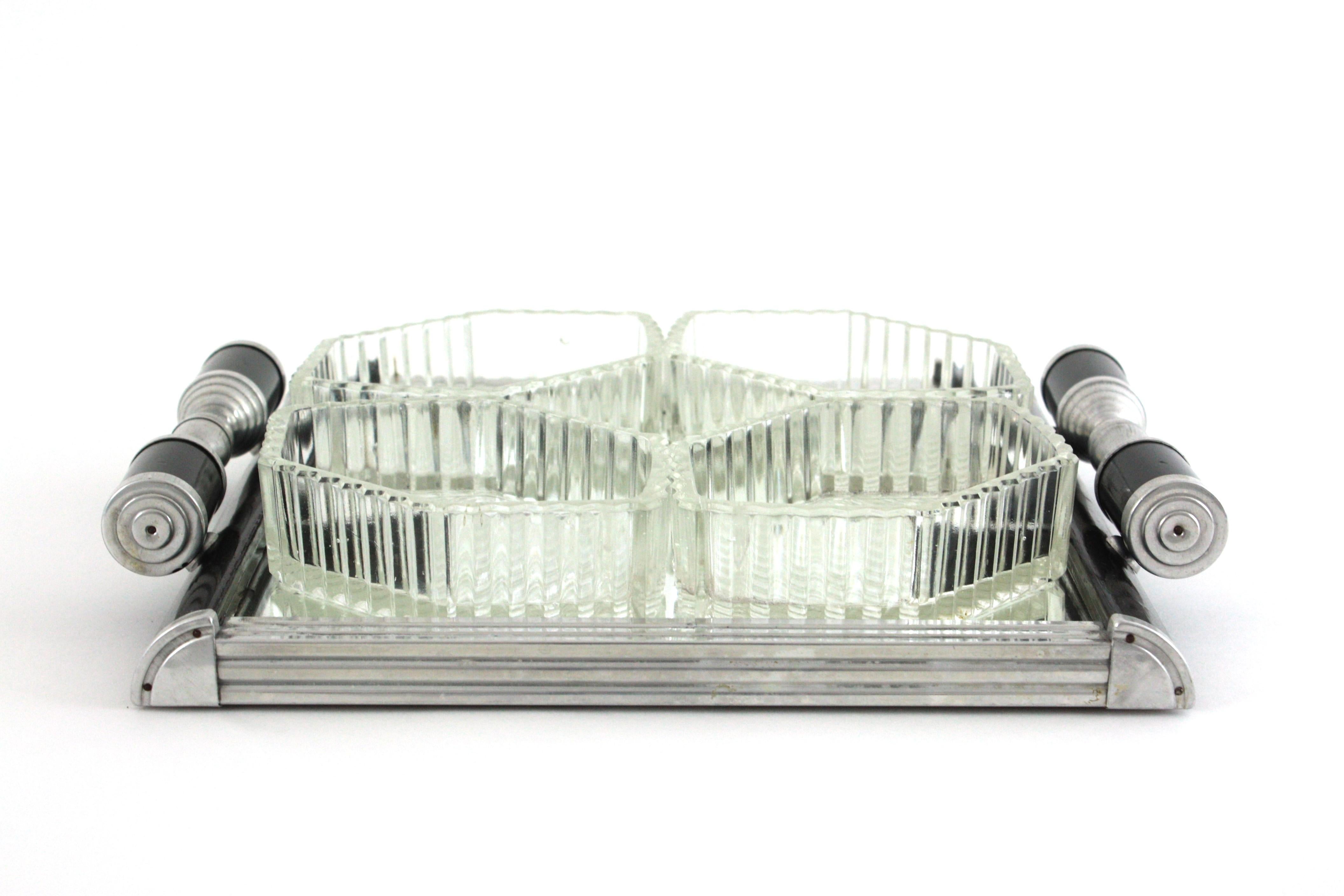 French Art Deco Mirror Tray with Glass Bowls Snacks Set, Black Lacquer & Metal For Sale 10