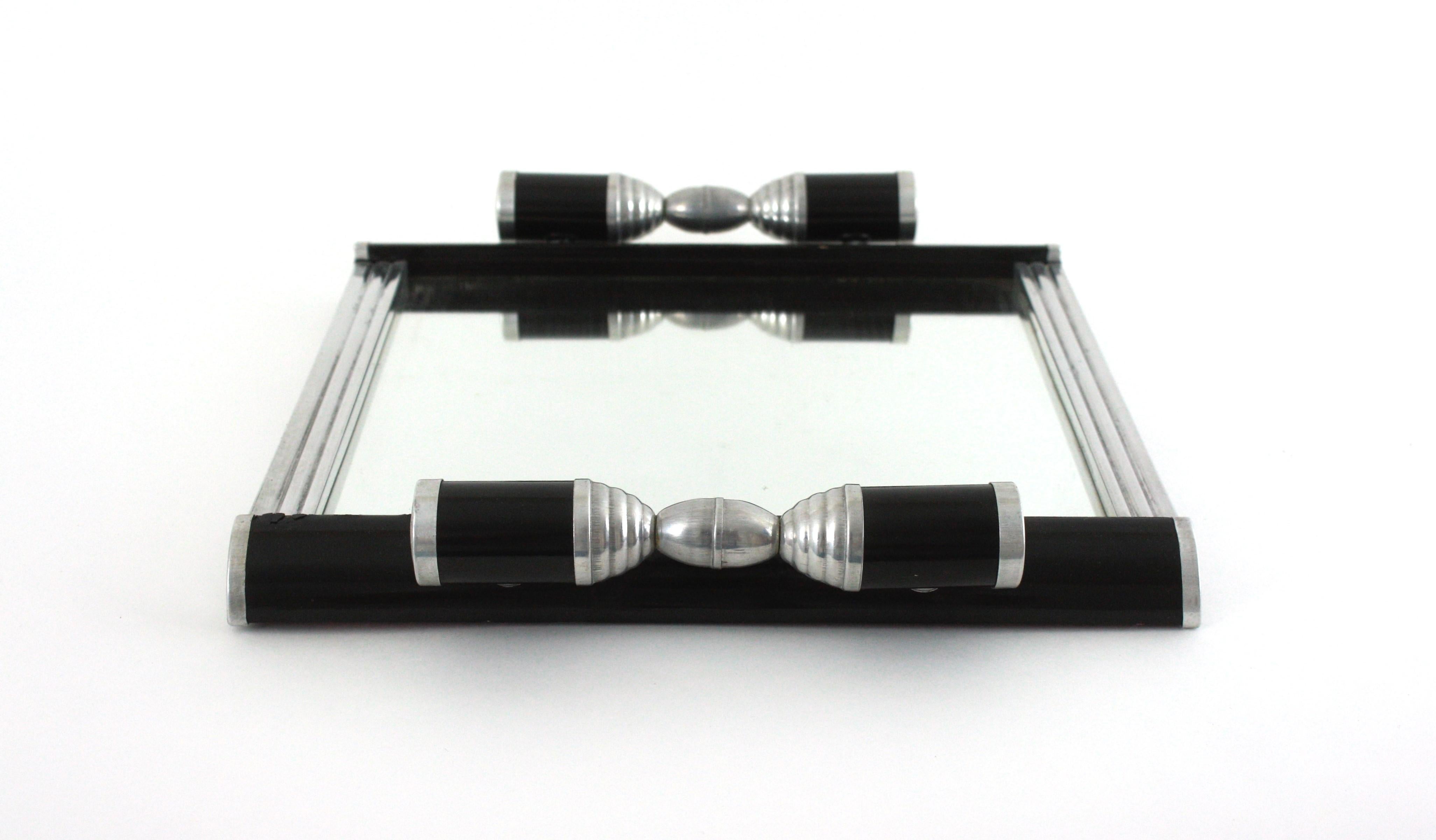 French Art Deco Mirror Tray with Glass Bowls Snacks Set, Black Lacquer & Metal For Sale 11