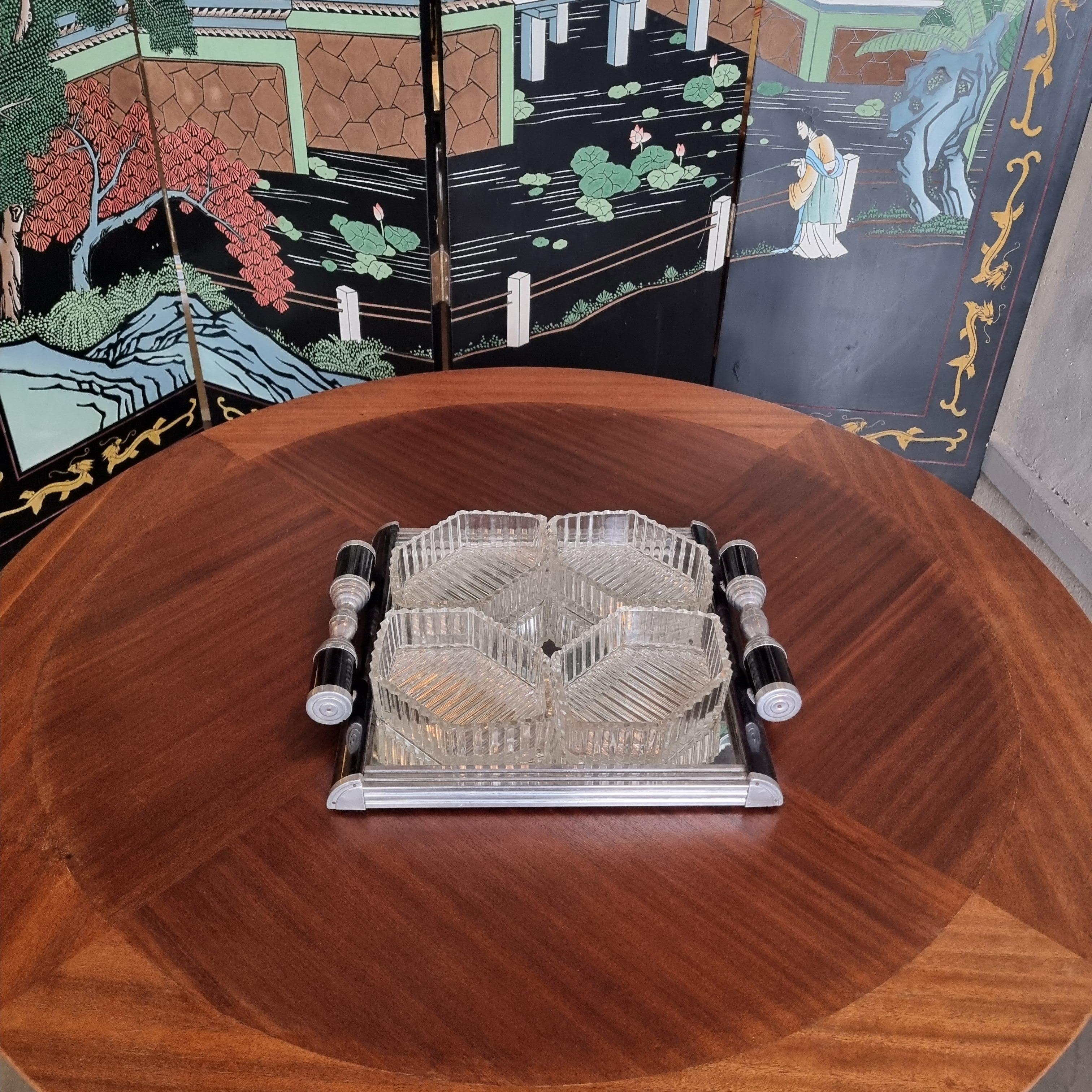 French Art Deco Mirror Tray with Glass Bowls Snacks Set, Black Lacquer & Metal For Sale 15