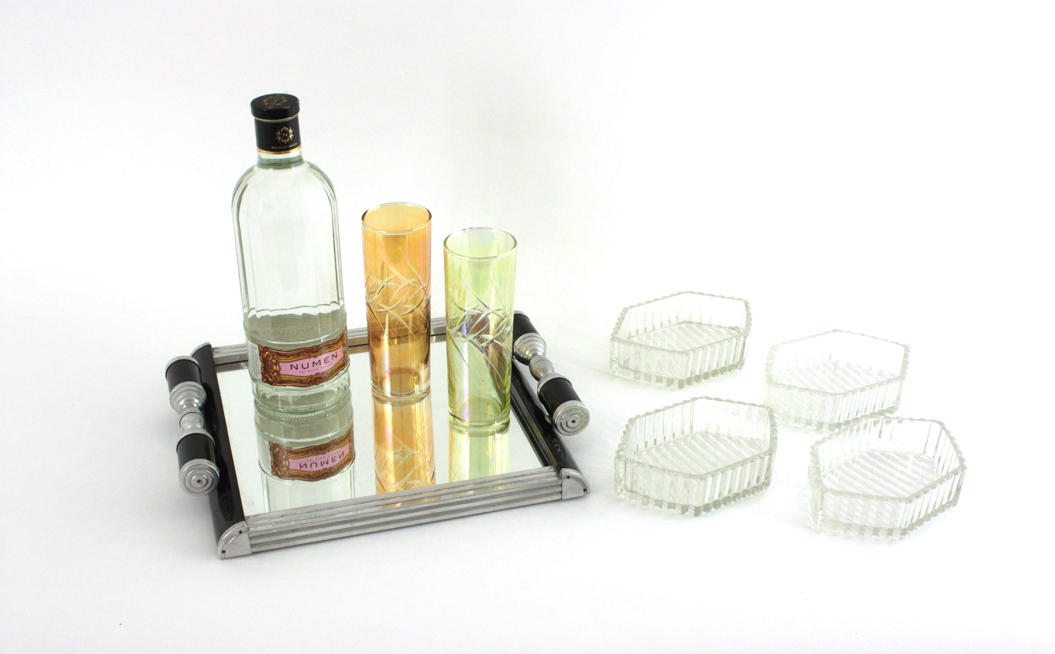 Hand-Crafted French Art Deco Mirror Tray with Glass Bowls Snacks Set, Black Lacquer & Metal For Sale