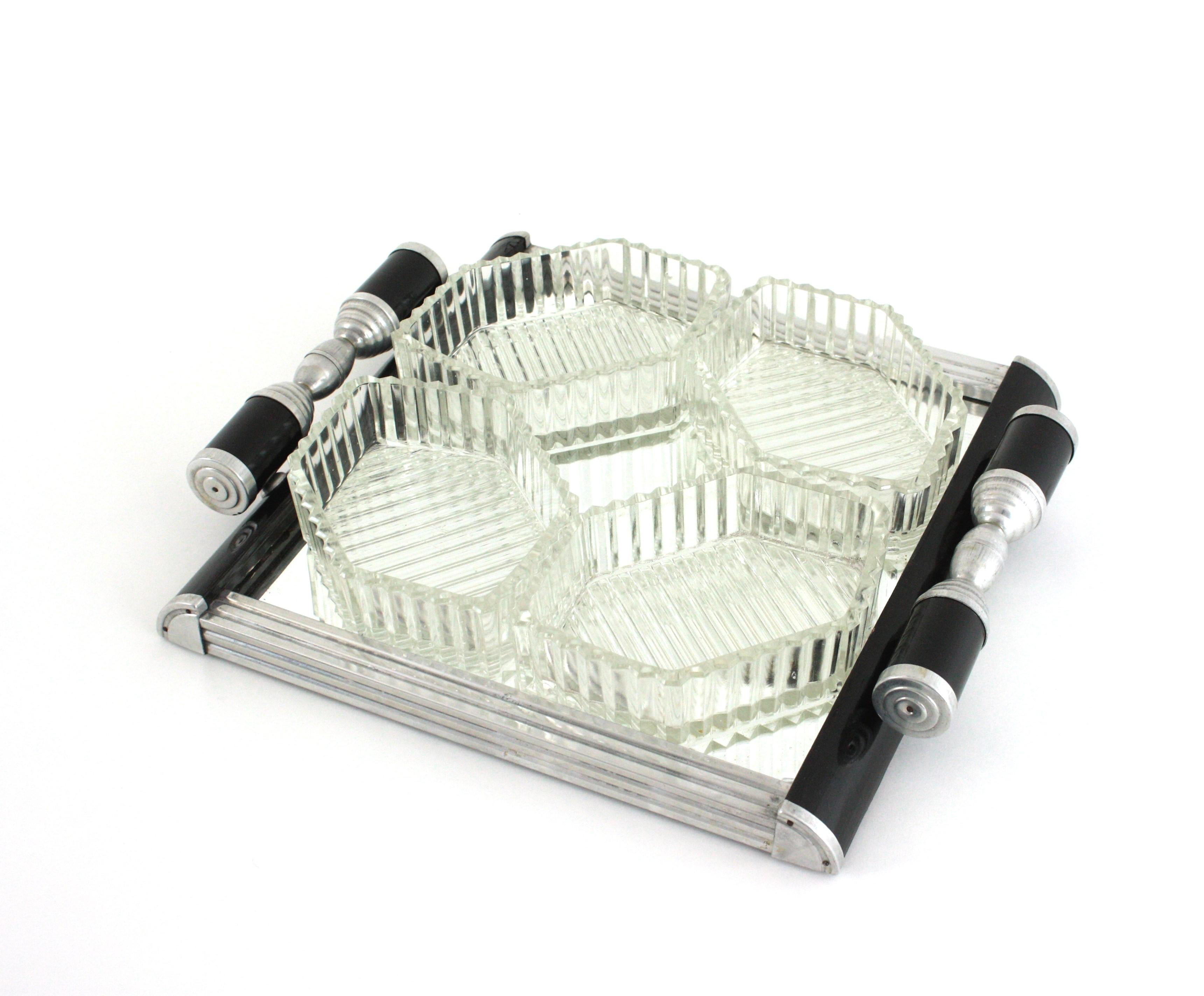 French Art Deco Mirror Tray with Glass Bowls Snacks Set, Black Lacquer & Metal In Good Condition For Sale In Barcelona, ES