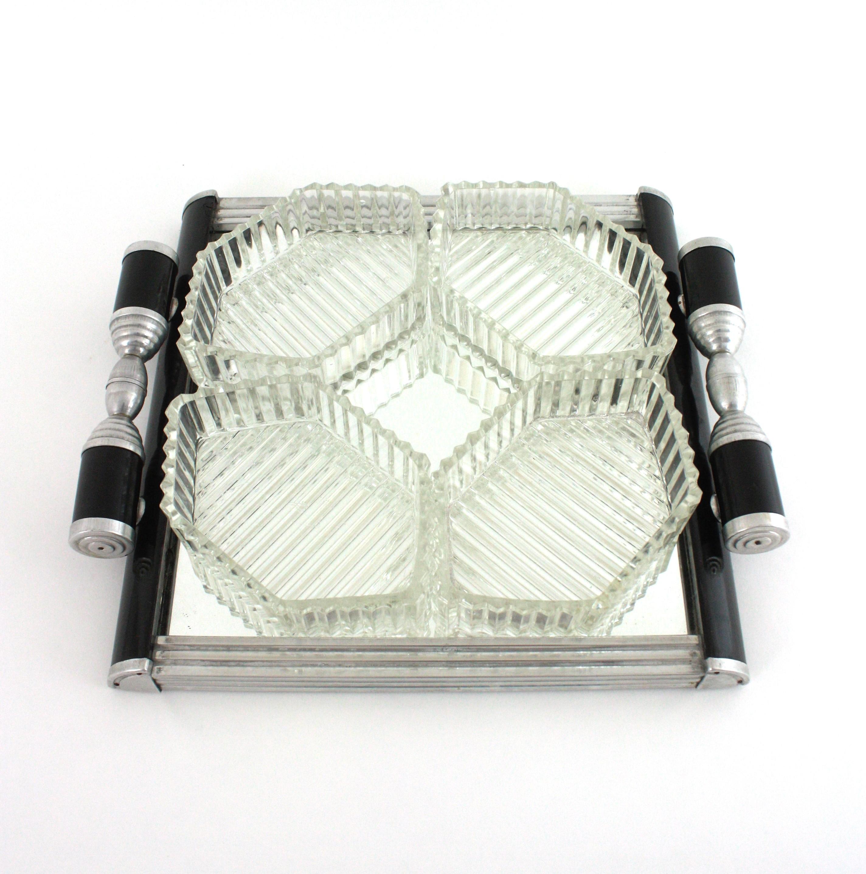 20th Century French Art Deco Mirror Tray with Glass Bowls Snacks Set, Black Lacquer & Metal For Sale