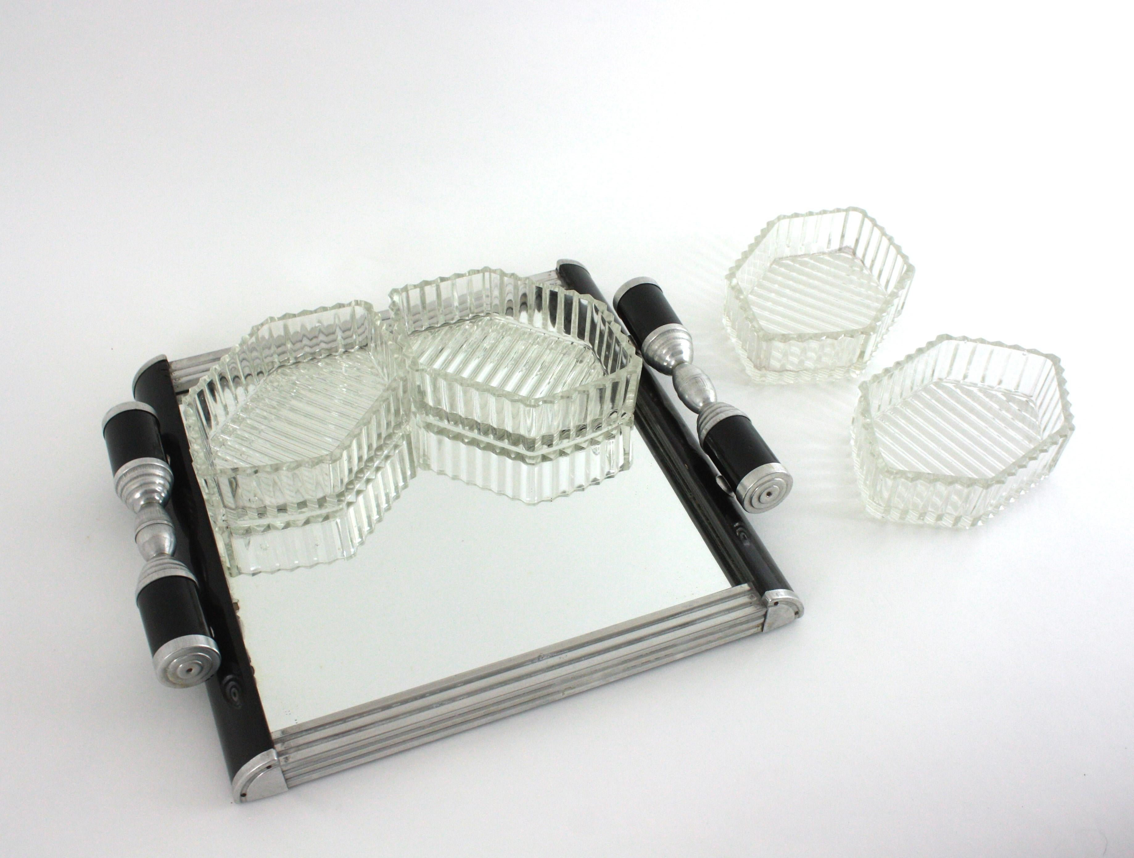 French Art Deco Mirror Tray with Glass Bowls Snacks Set, Black Lacquer & Metal For Sale 1