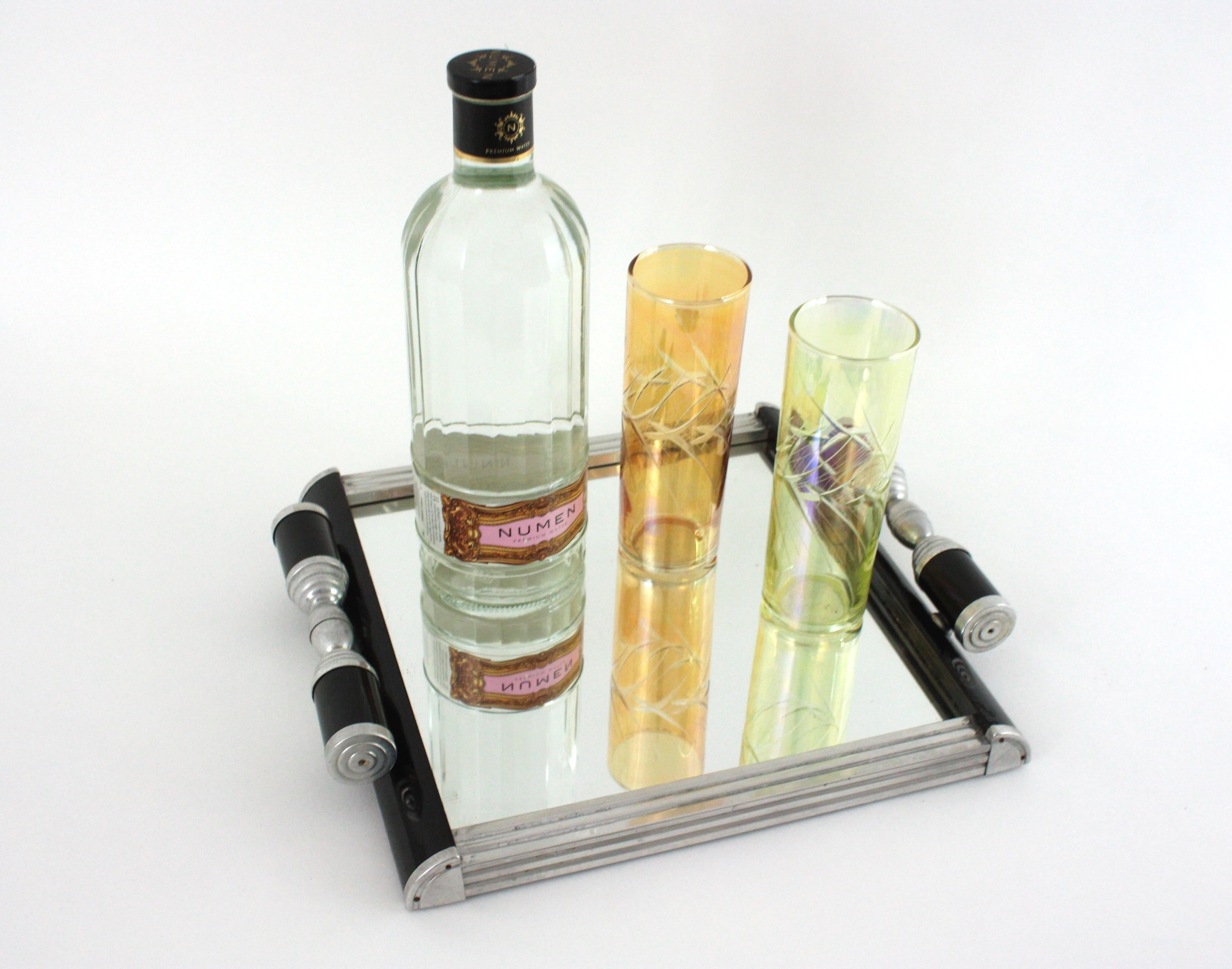 French Art Deco Mirror Tray with Glass Bowls Snacks Set, Black Lacquer & Metal For Sale 2