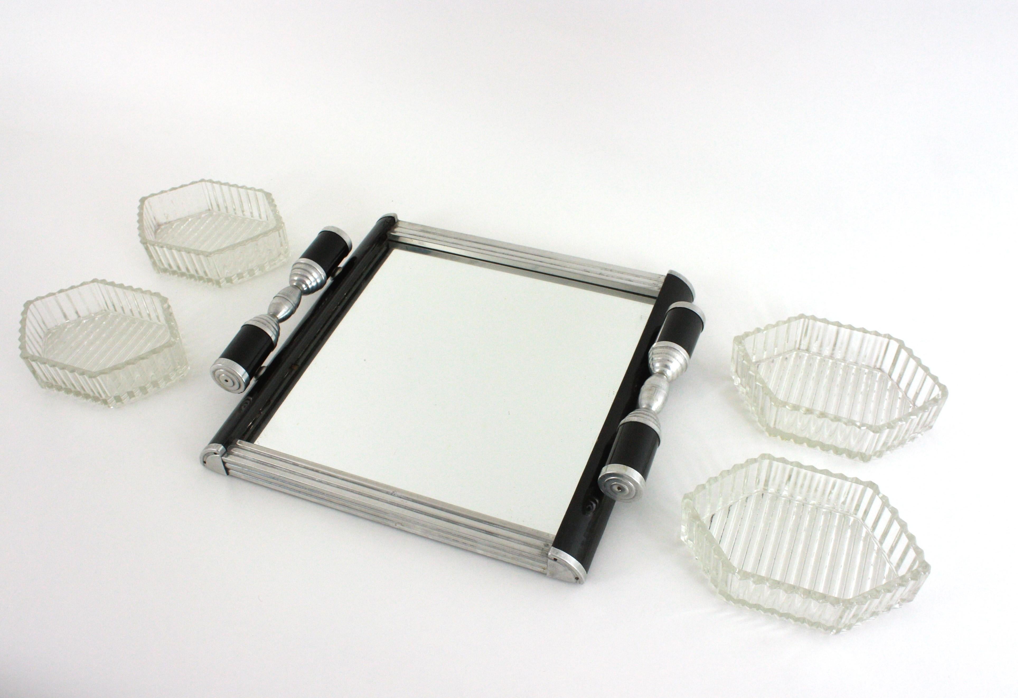 French Art Deco Mirror Tray with Glass Bowls Snacks Set, Black Lacquer & Metal For Sale 3