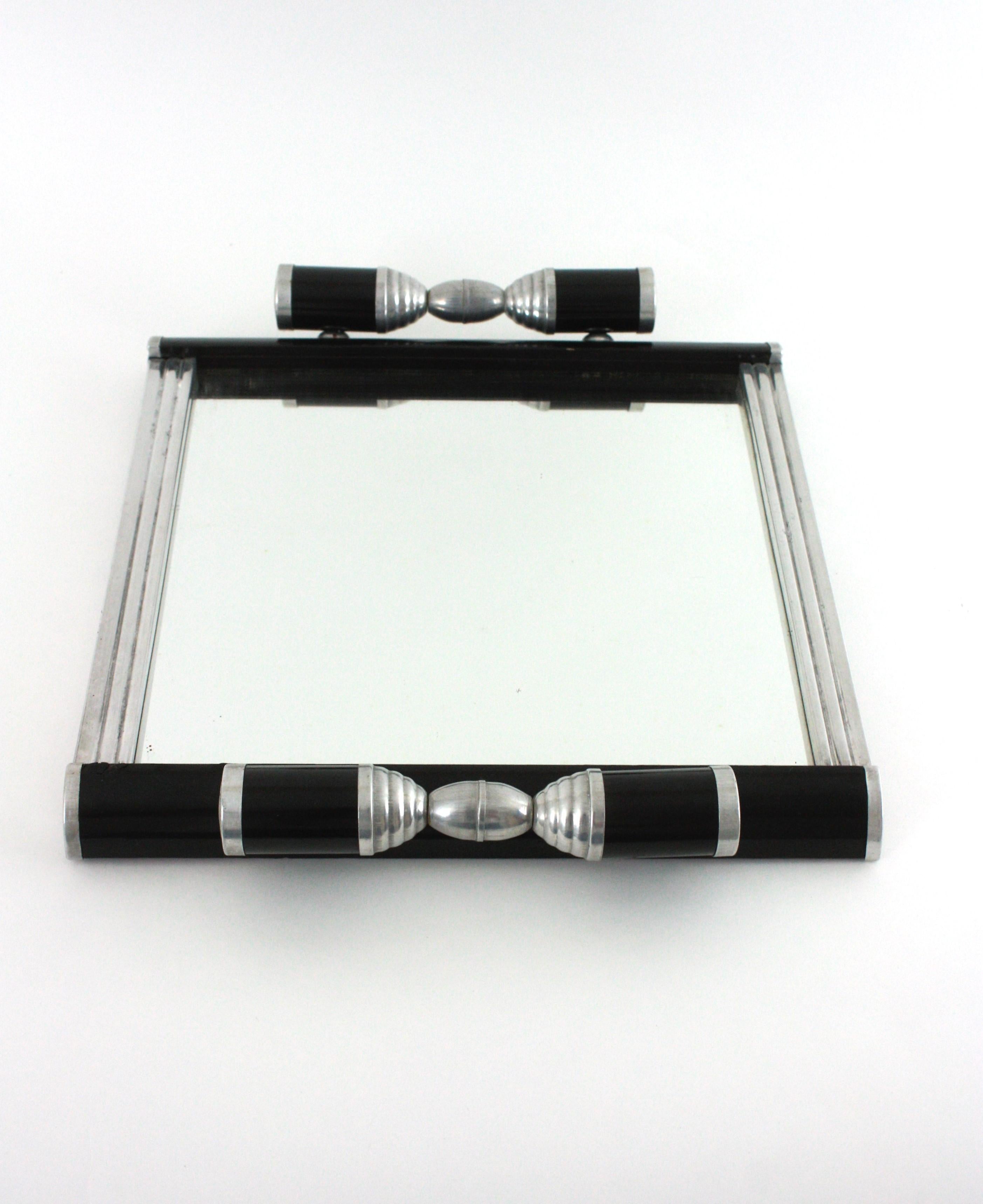 French Art Deco Mirror Tray with Glass Bowls Snacks Set, Black Lacquer & Metal For Sale 4