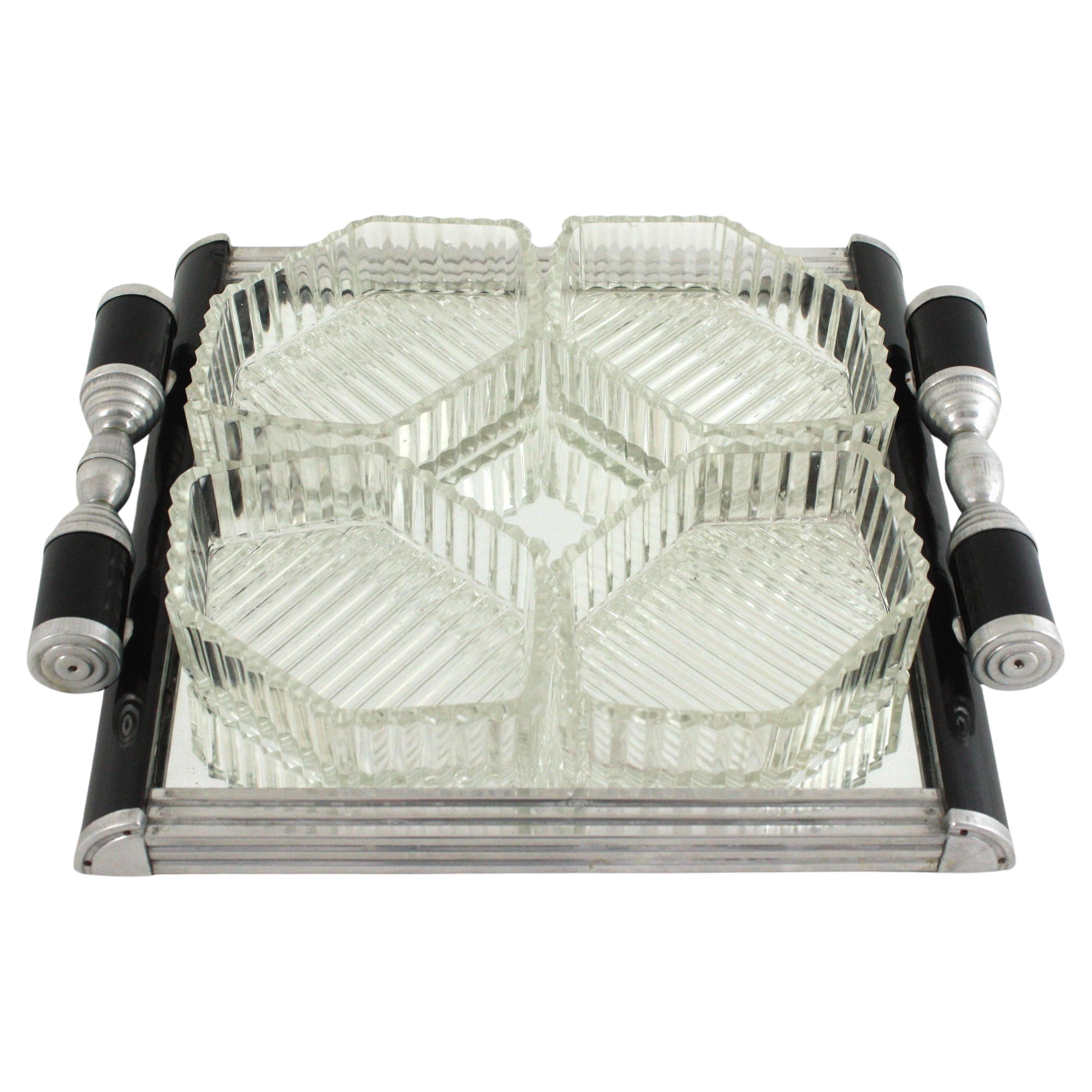 French Art Deco Mirror Tray with Glass Bowls Snacks Set, Black Lacquer & Metal For Sale