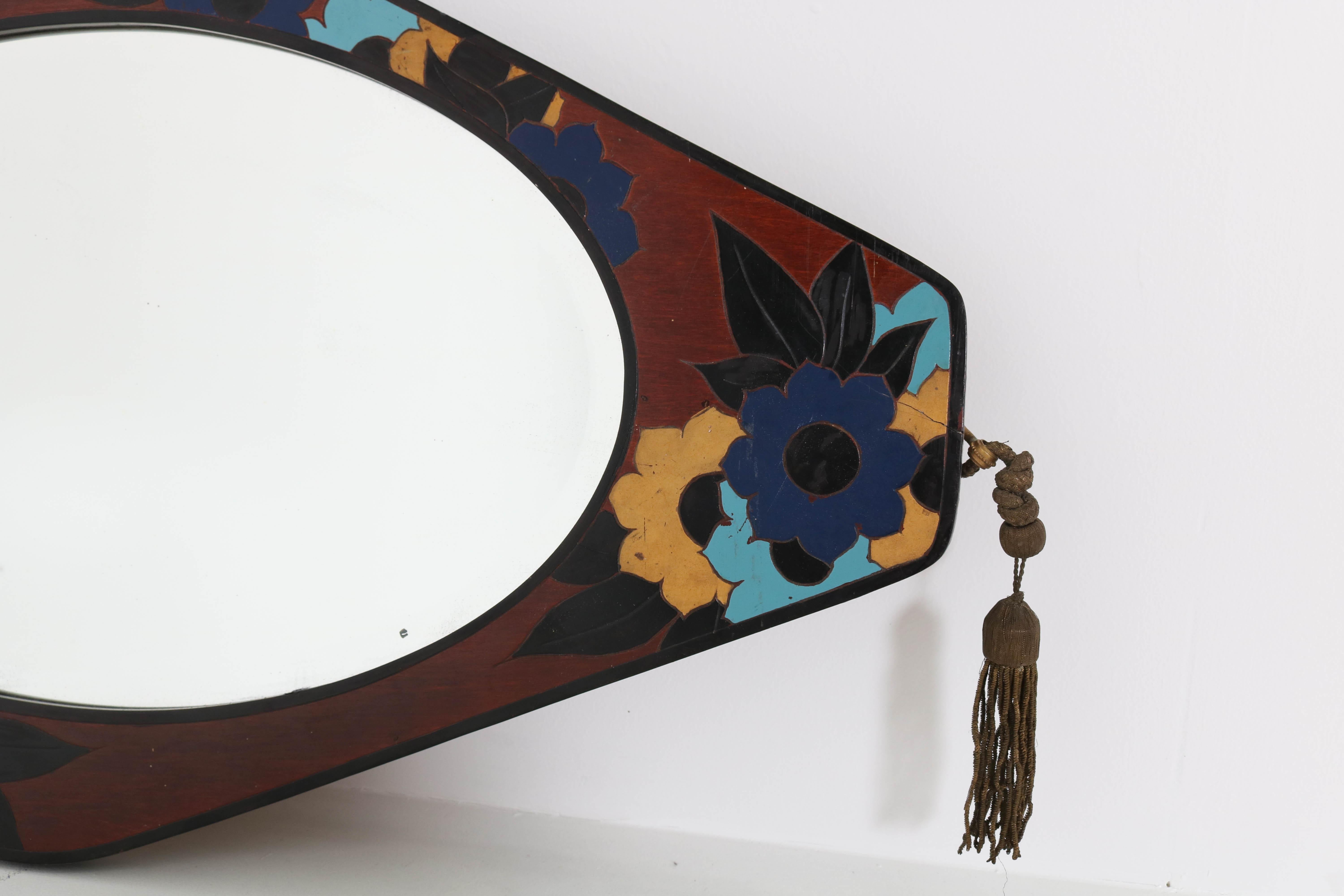 Mahogany French Art Deco Mirror with Marquetry and Beveled Glass, 1930s