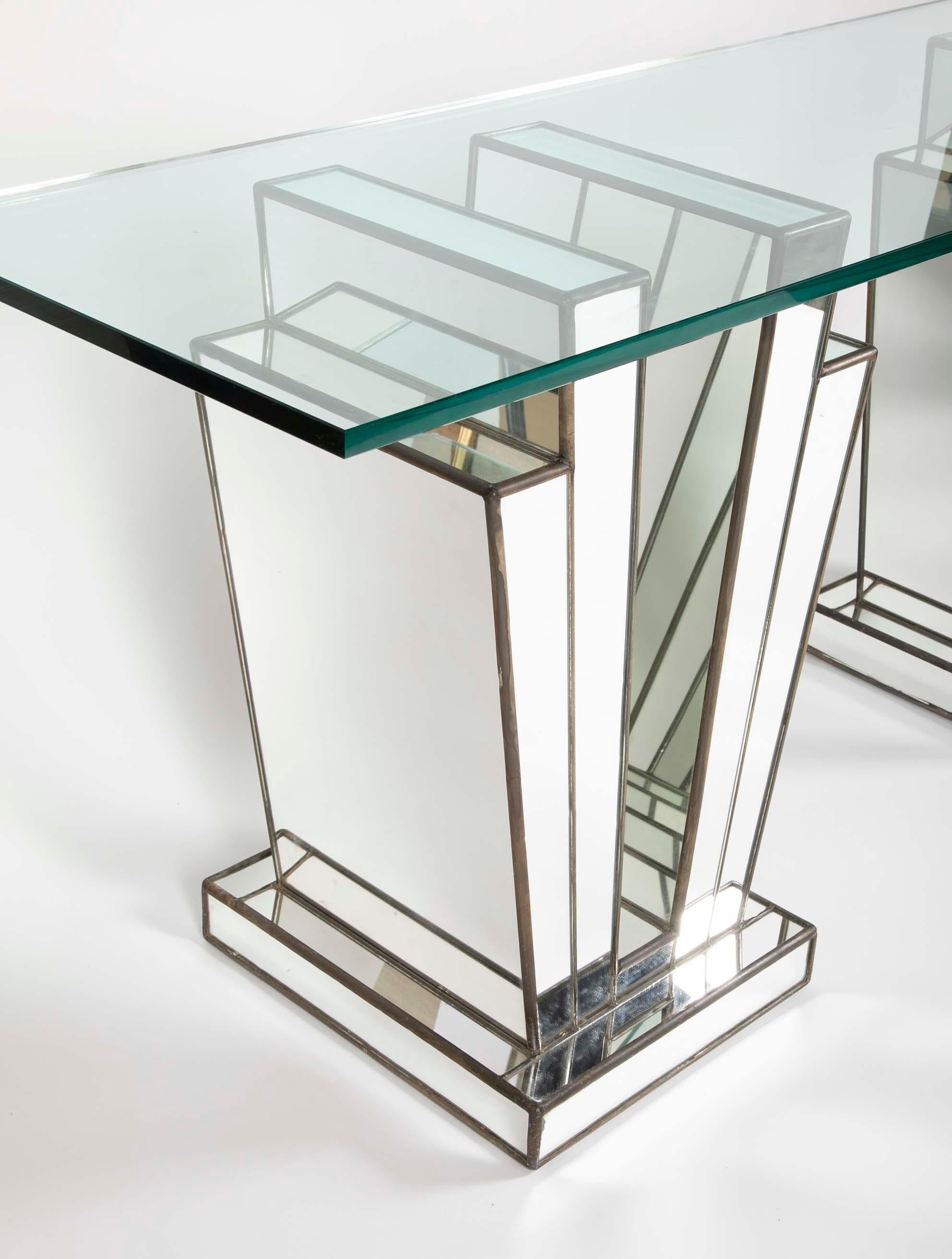 French Art Deco Mirrored Glass and Lead Console Table In Good Condition For Sale In Stamford, CT