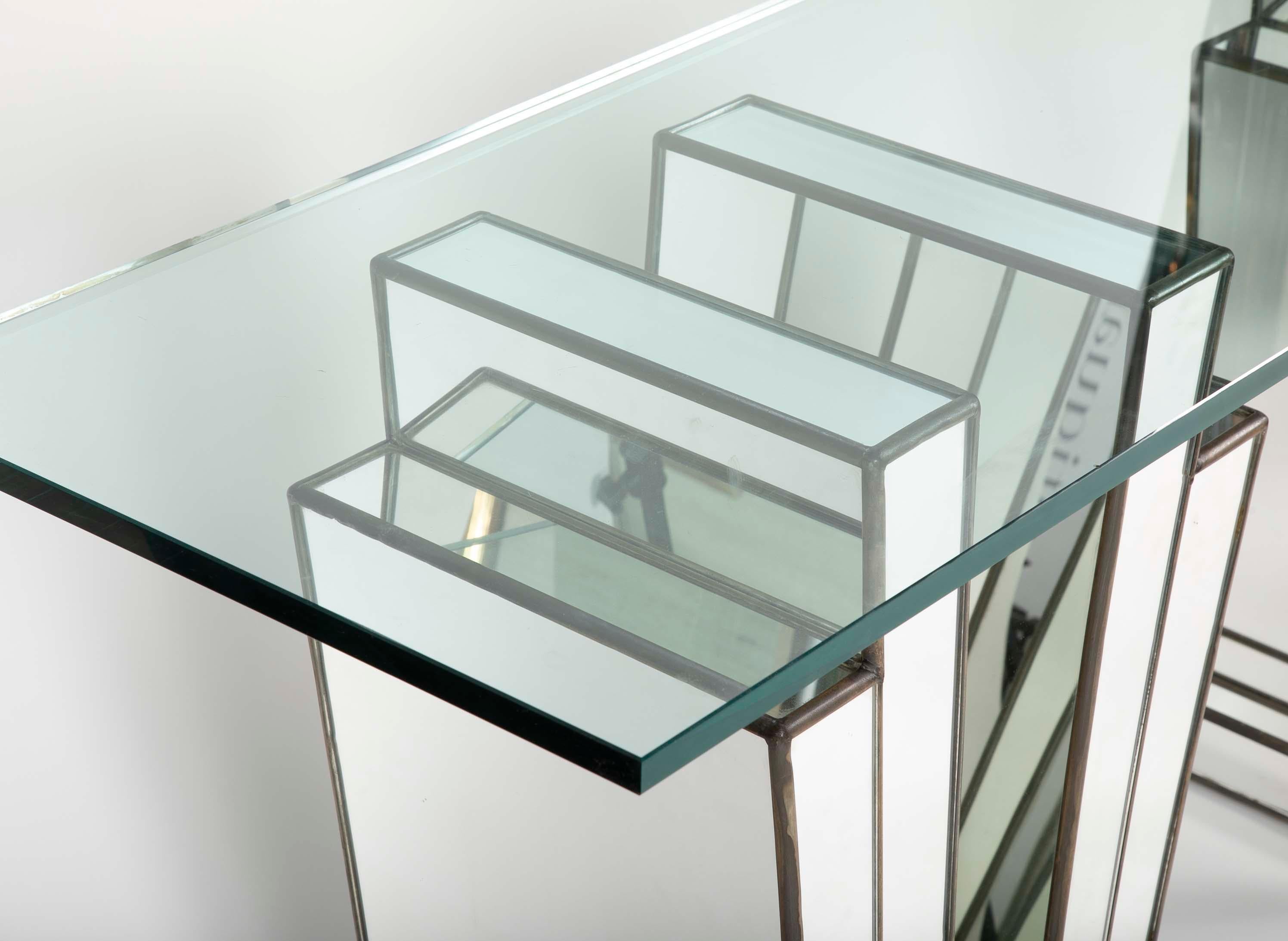 Mid-20th Century French Art Deco Mirrored Glass and Lead Console Table For Sale