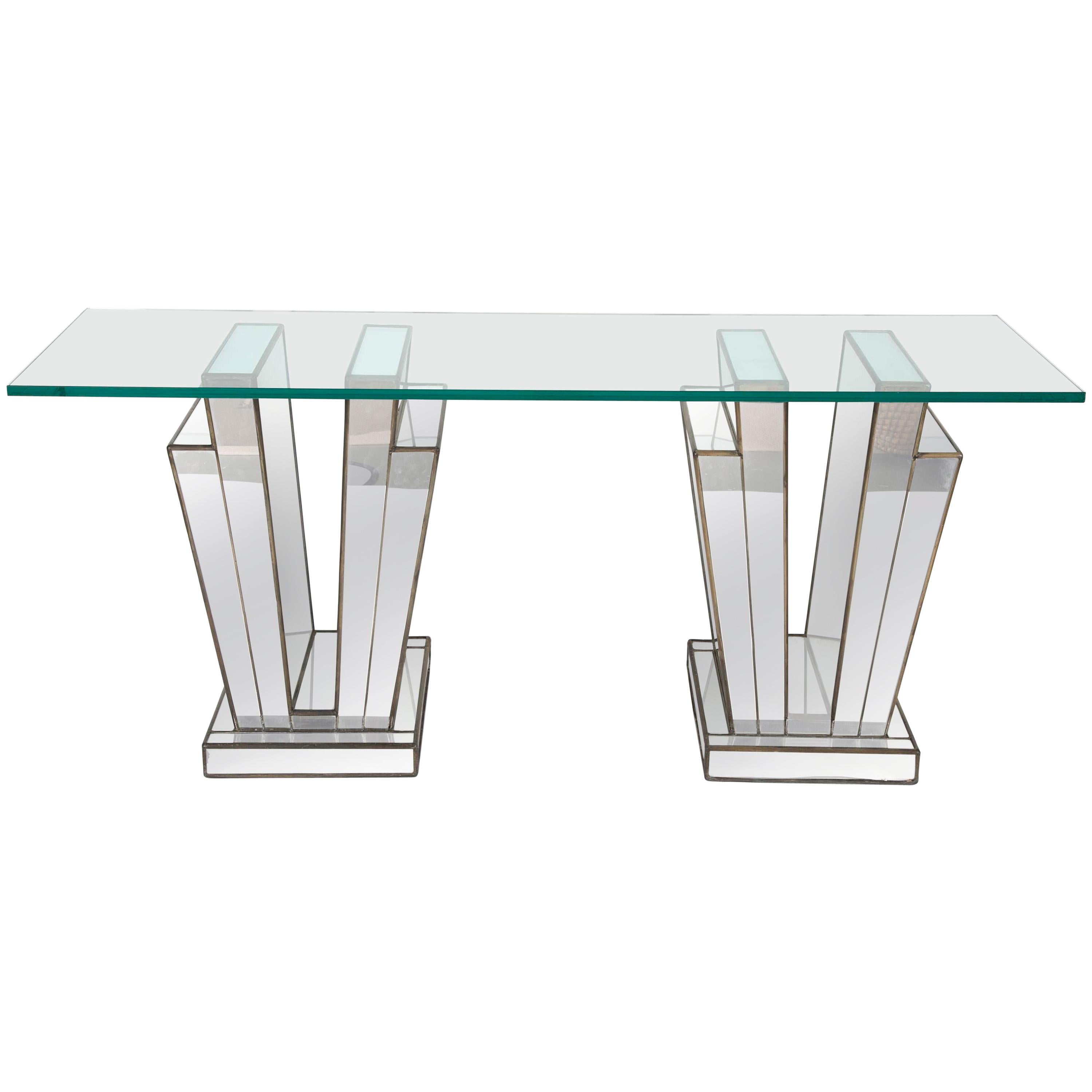 Table console Art Déco française en verre miroir et plomb