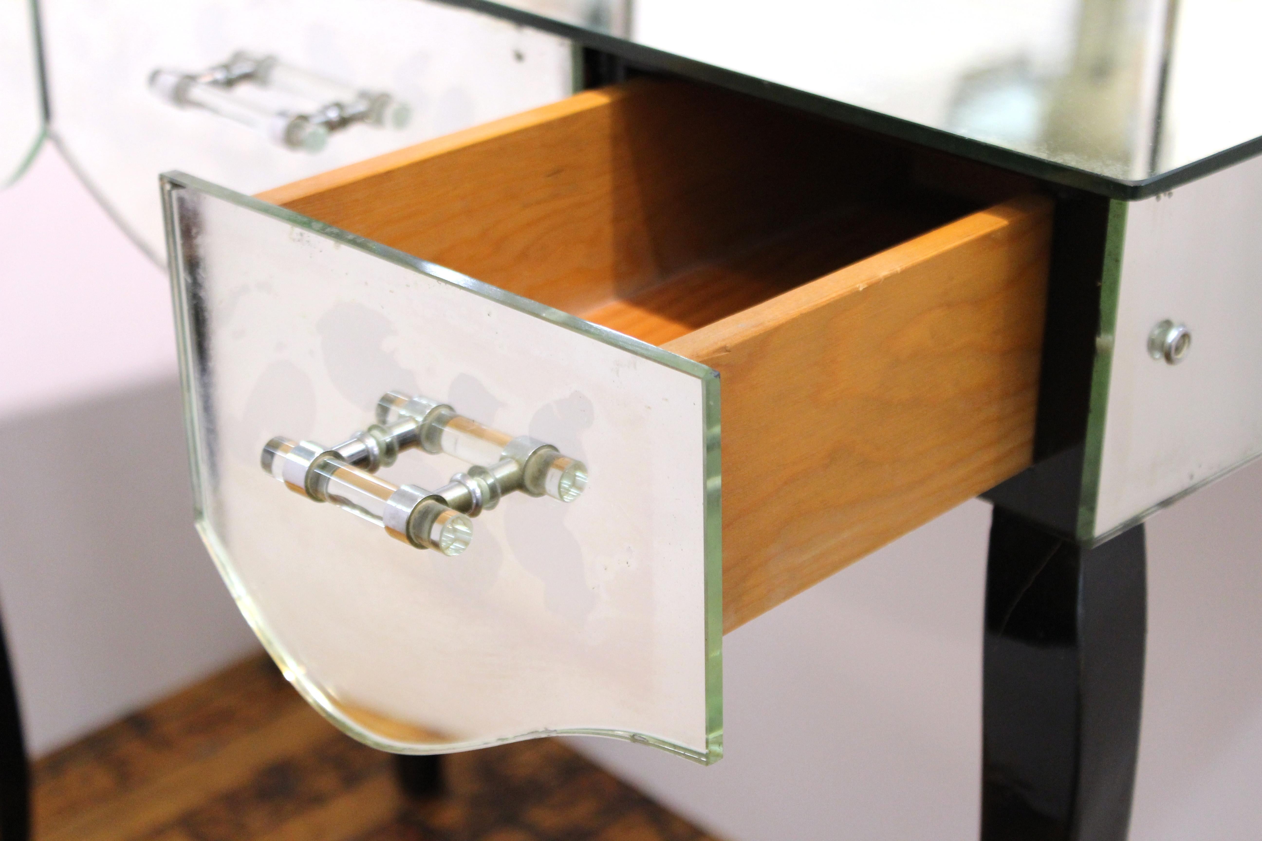 French Art Deco Mirrored Vanity with Tri-Fold Mirror and Ebonized Cabriole Legs 8