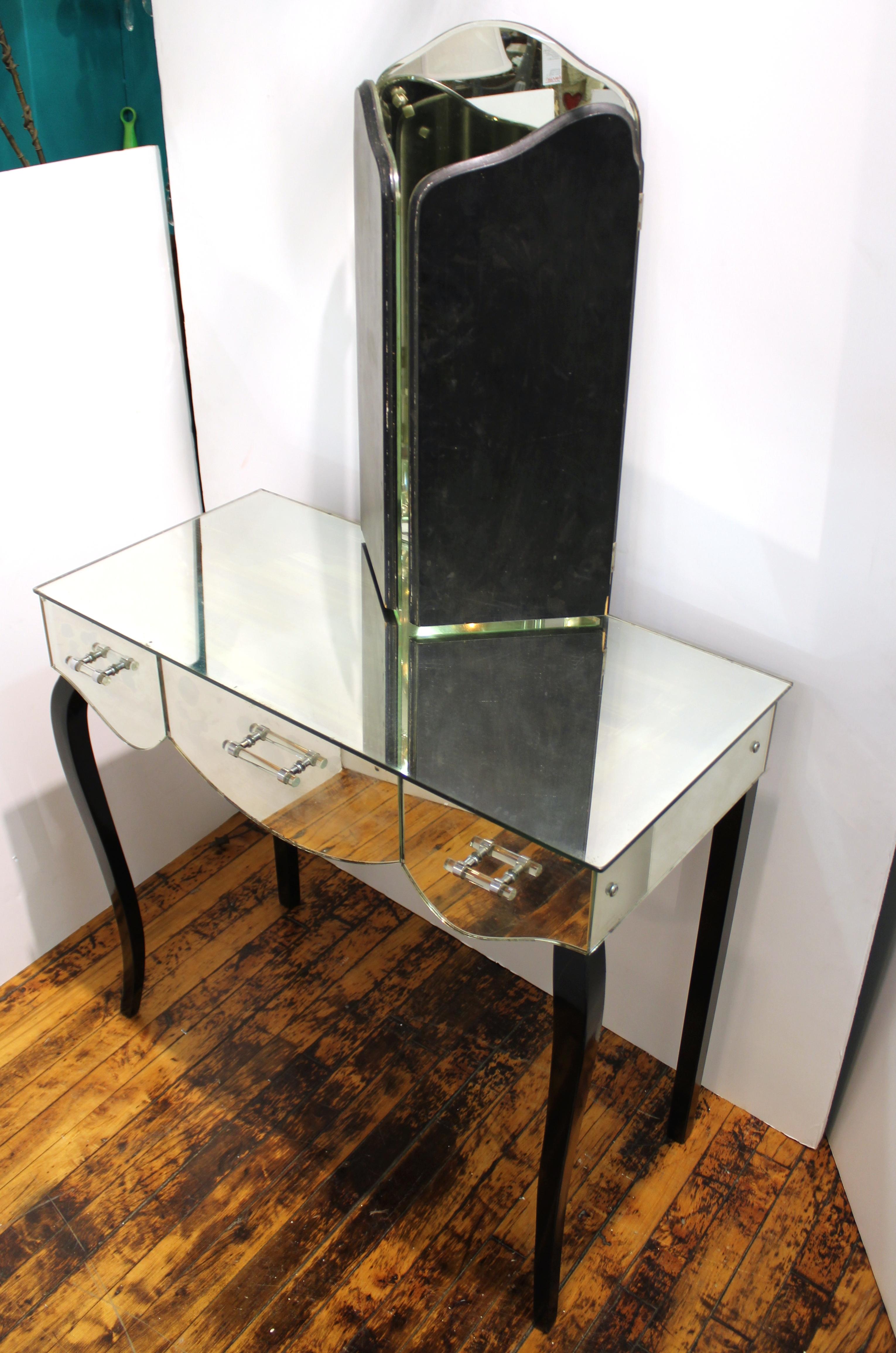 French Art Deco Mirrored Vanity with Tri-Fold Mirror and Ebonized Cabriole Legs 9
