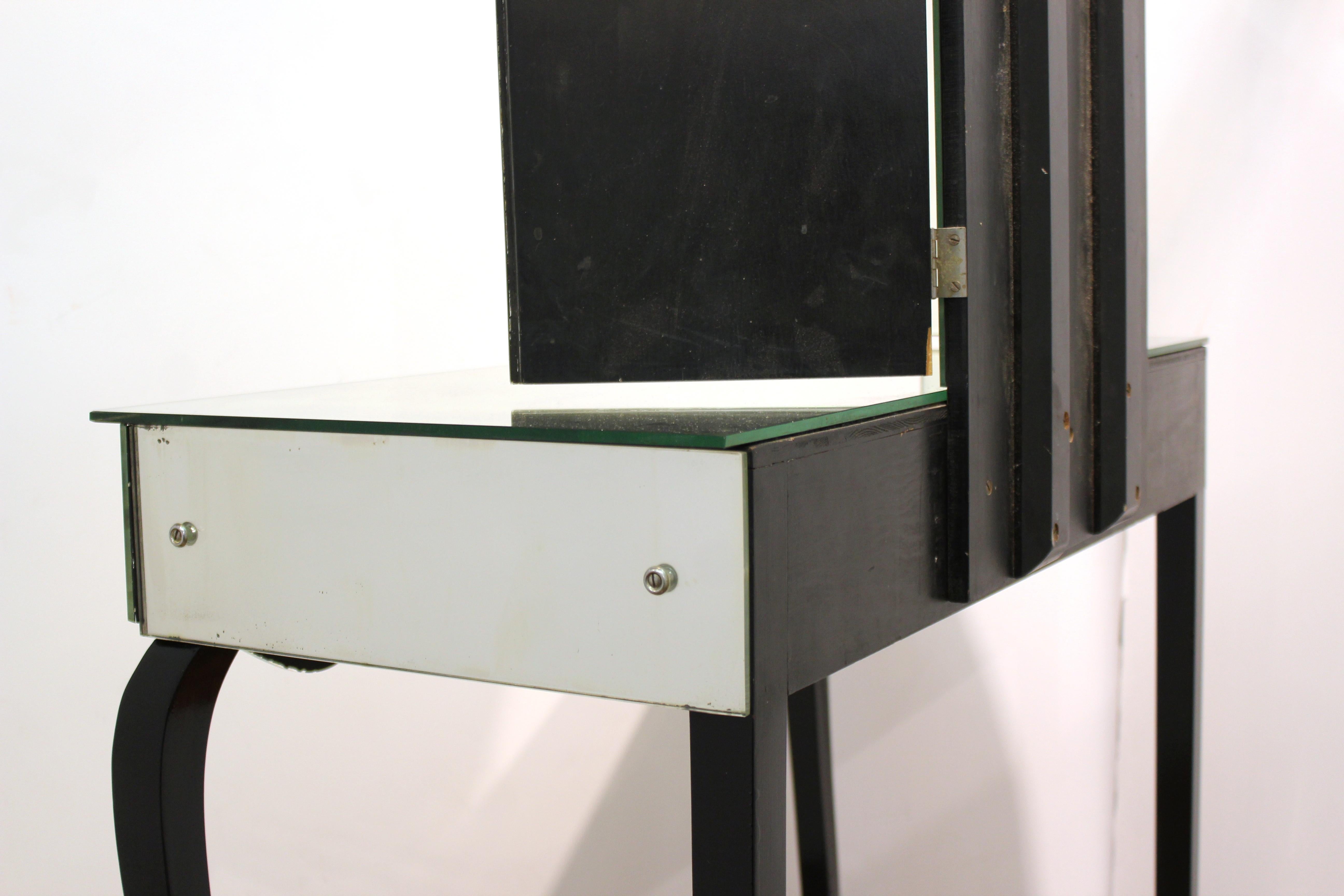 French Art Deco Mirrored Vanity with Tri-Fold Mirror and Ebonized Cabriole Legs 16