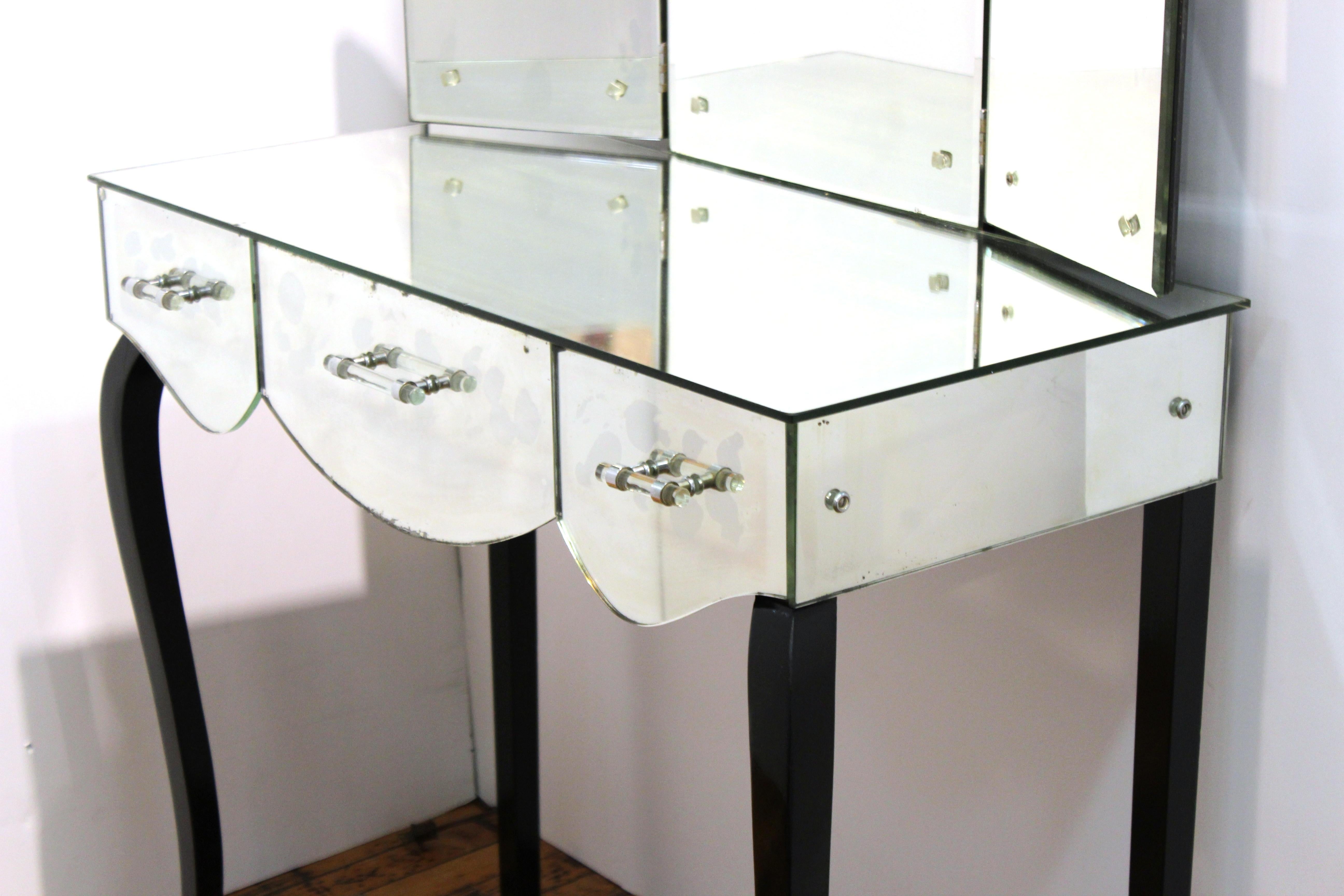 Mid-20th Century French Art Deco Mirrored Vanity with Tri-Fold Mirror and Ebonized Cabriole Legs