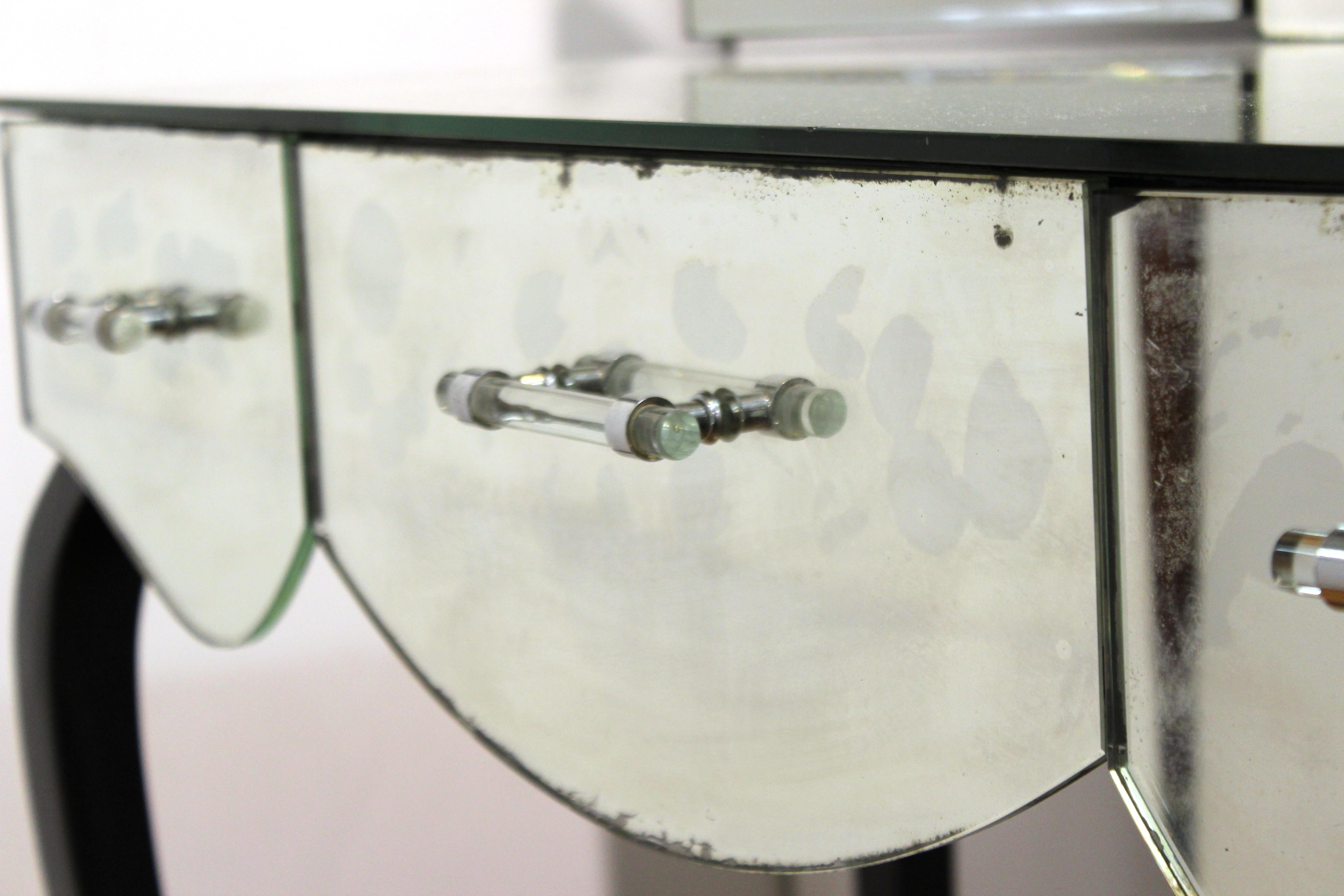 French Art Deco Mirrored Vanity with Tri-Fold Mirror and Ebonized Cabriole Legs 2