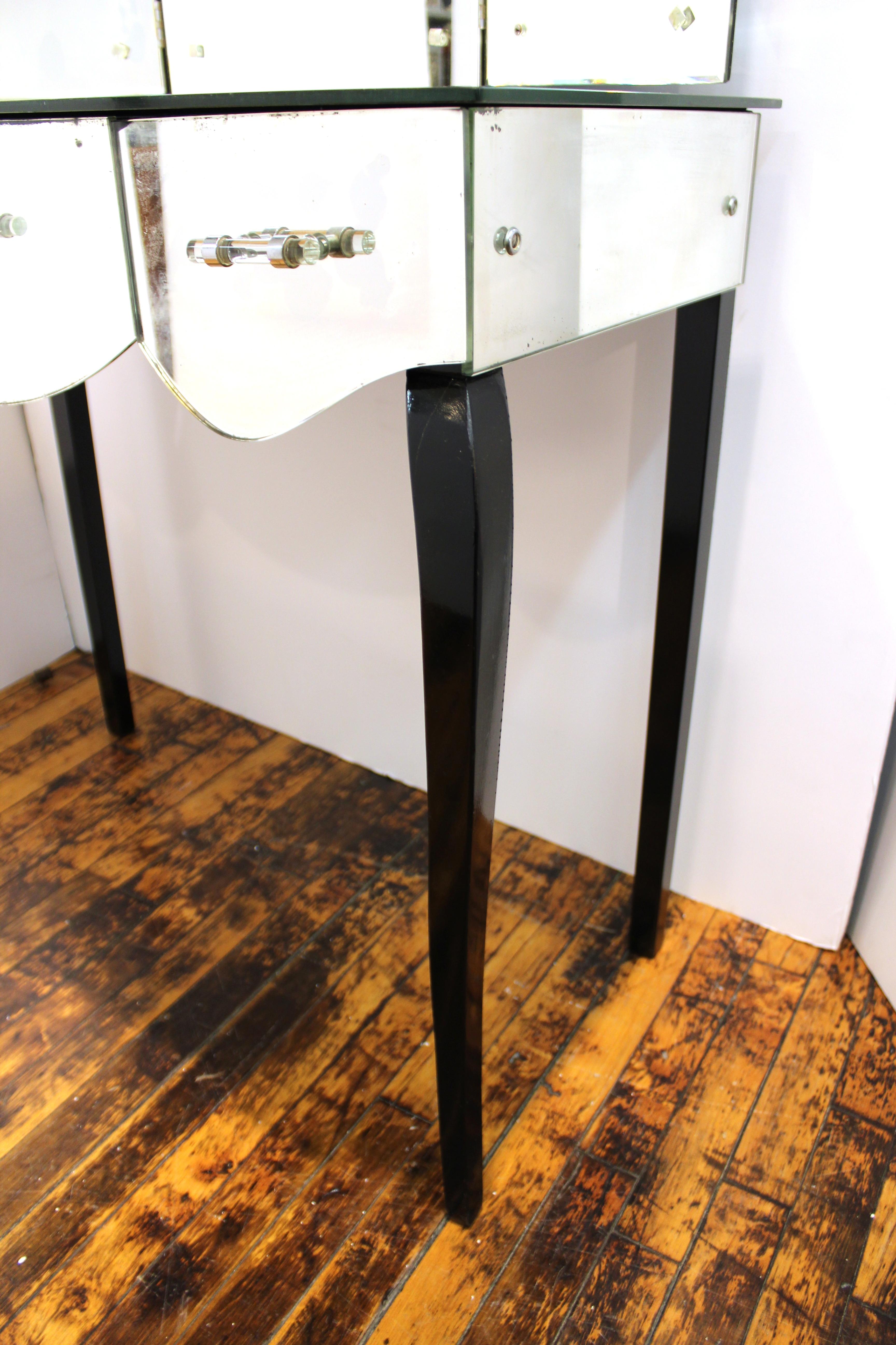 French Art Deco Mirrored Vanity with Tri-Fold Mirror and Ebonized Cabriole Legs 3