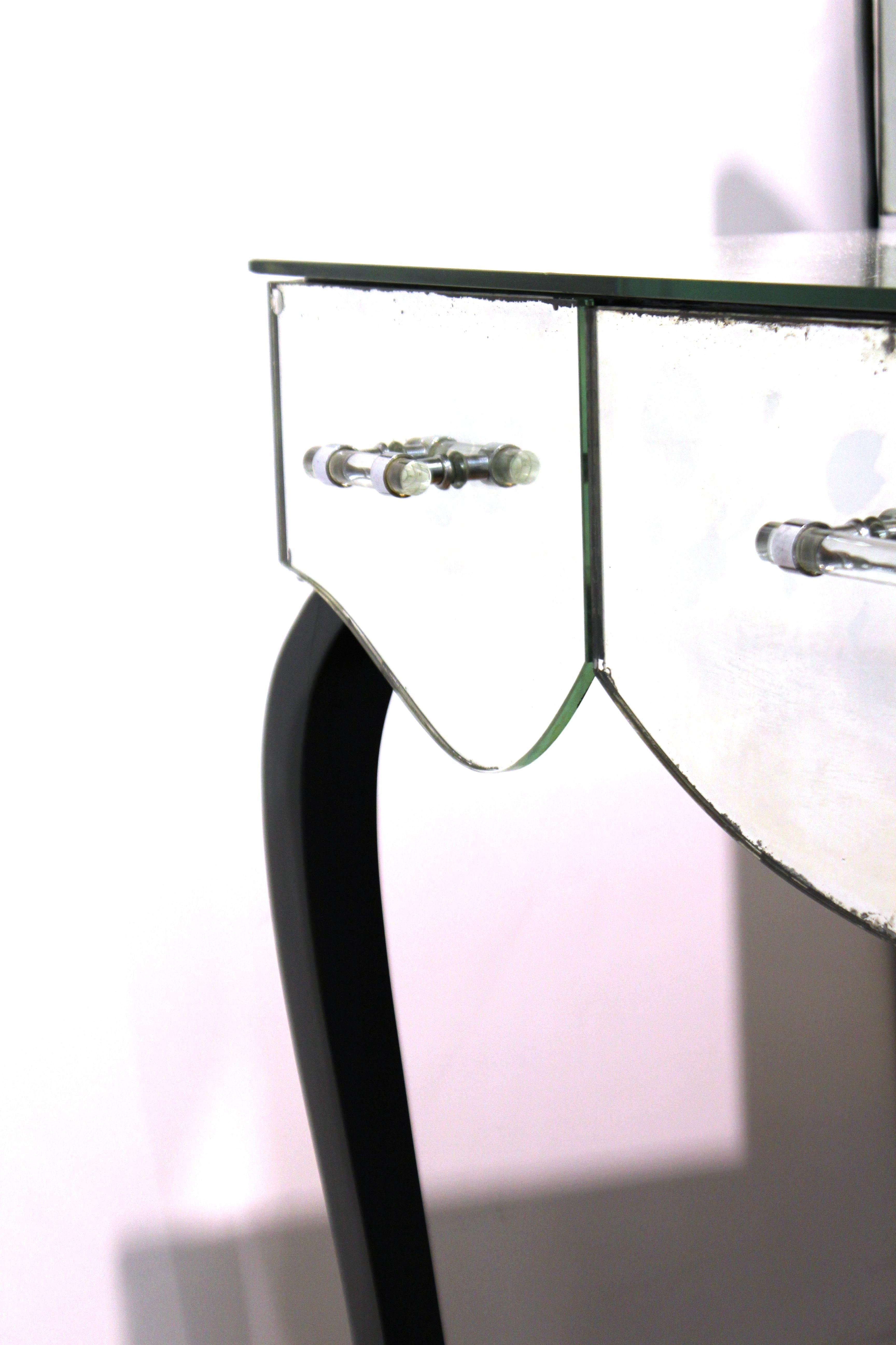 French Art Deco Mirrored Vanity with Tri-Fold Mirror and Ebonized Cabriole Legs 4