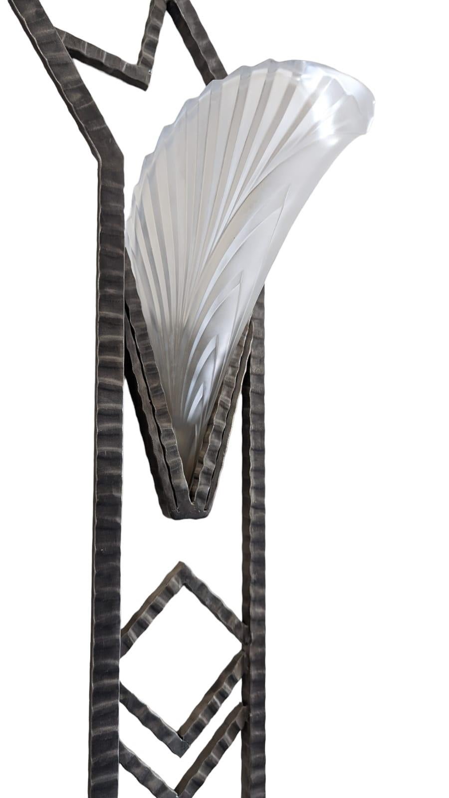 Forged French Art Deco Modern Wroght Iron Mirror with lights For Sale