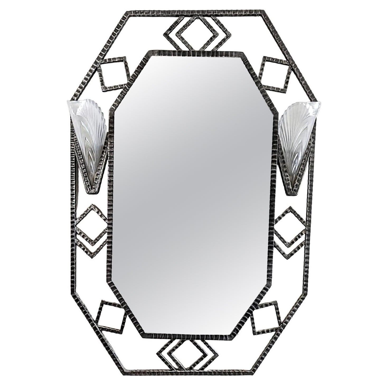 French Art Deco Modern Wroght Iron Mirror con luces