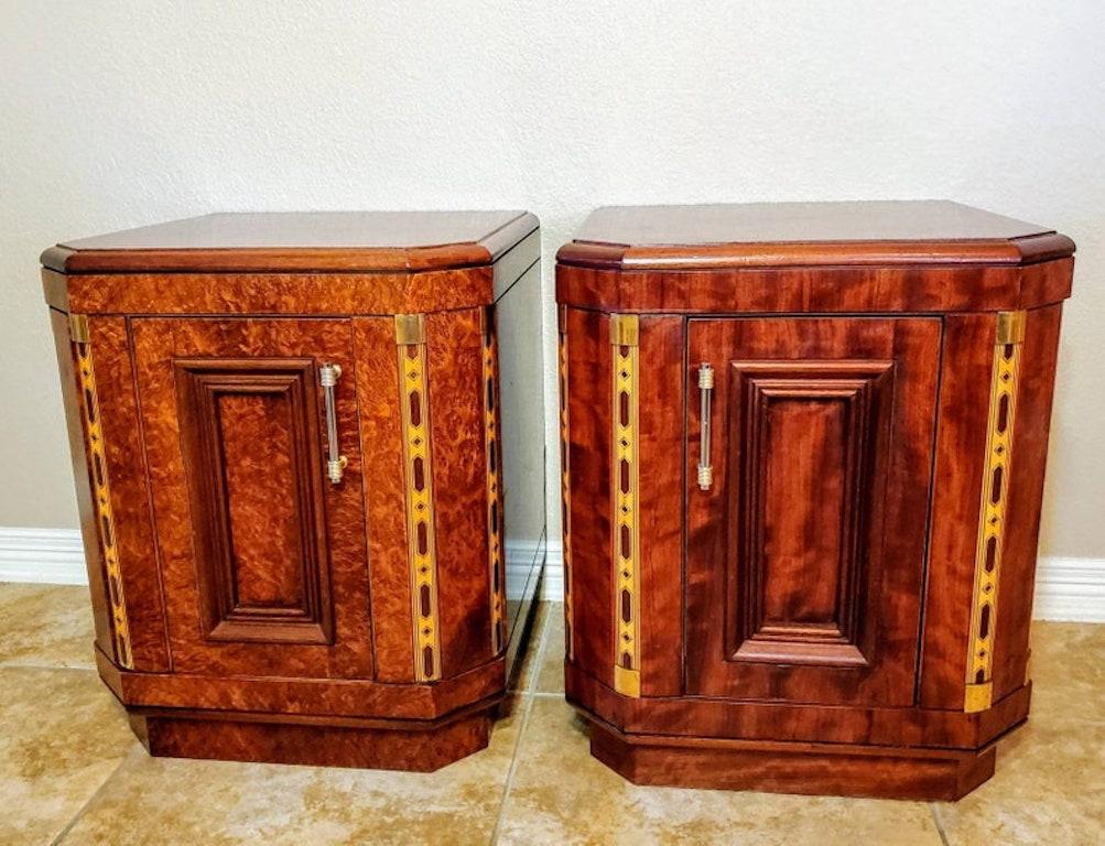 A rare and magnificent pair of very fine quality French Art Deco Modernist bedside cabinets attributed to Christian Krass, with design influence by Jacques Emile Ruhlmann. 

Exquisitely hand-crafted in France, circa 1930s, the highly skilled