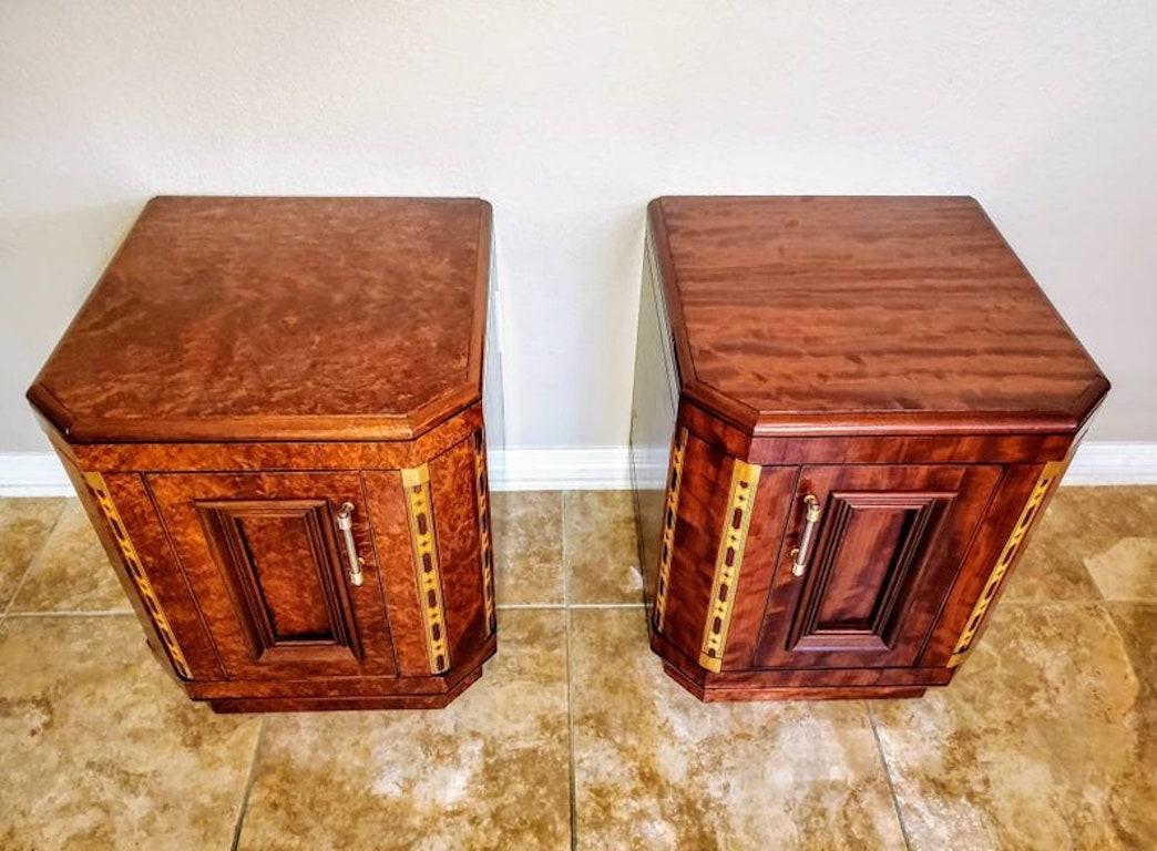 French Art Deco Moderne Exotic Burled Ambroyna Bubinga Thuja Nightstand Cabinets In Good Condition For Sale In Forney, TX