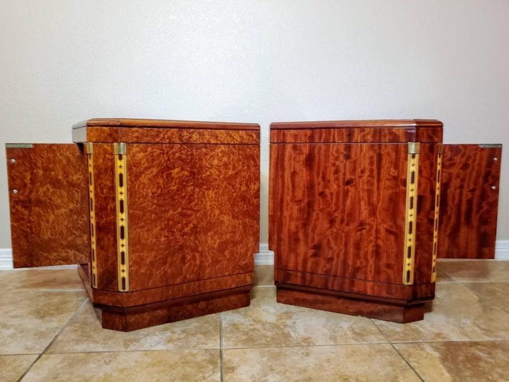 French Art Deco Moderne Exotic Burled Ambroyna Bubinga Thuja Nightstand Cabinets For Sale 2