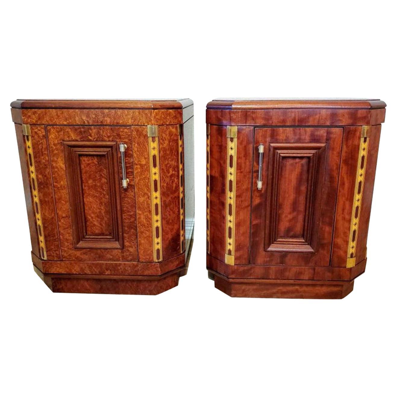 French Art Deco Moderne Burl Side Cabinets, A Pair