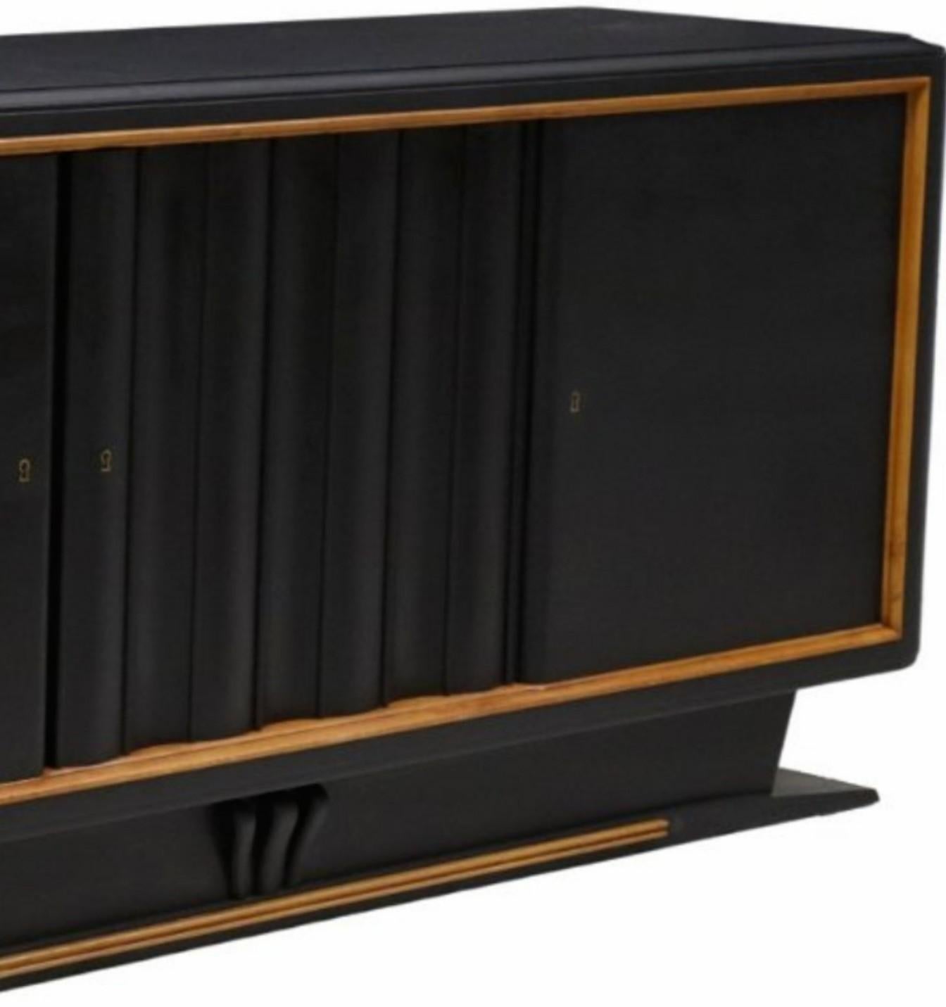 Wood French Art Deco Moderne Painted Black Credenza Sideboard 