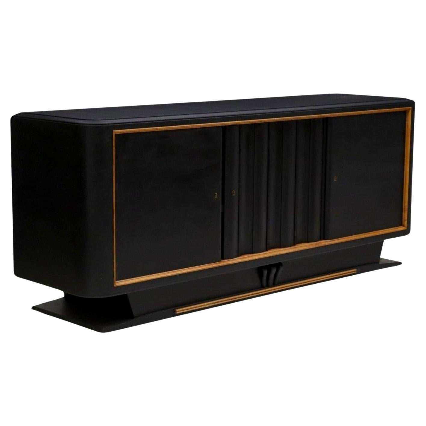 French Art Deco Moderne Painted Black Credenza Sideboard 