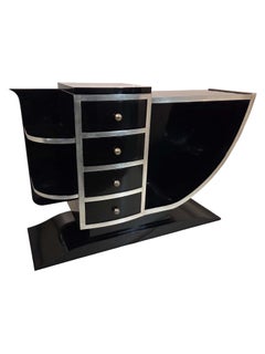 French Art Deco Modernist black lacquer, silver leaf desk/writing table / vanity